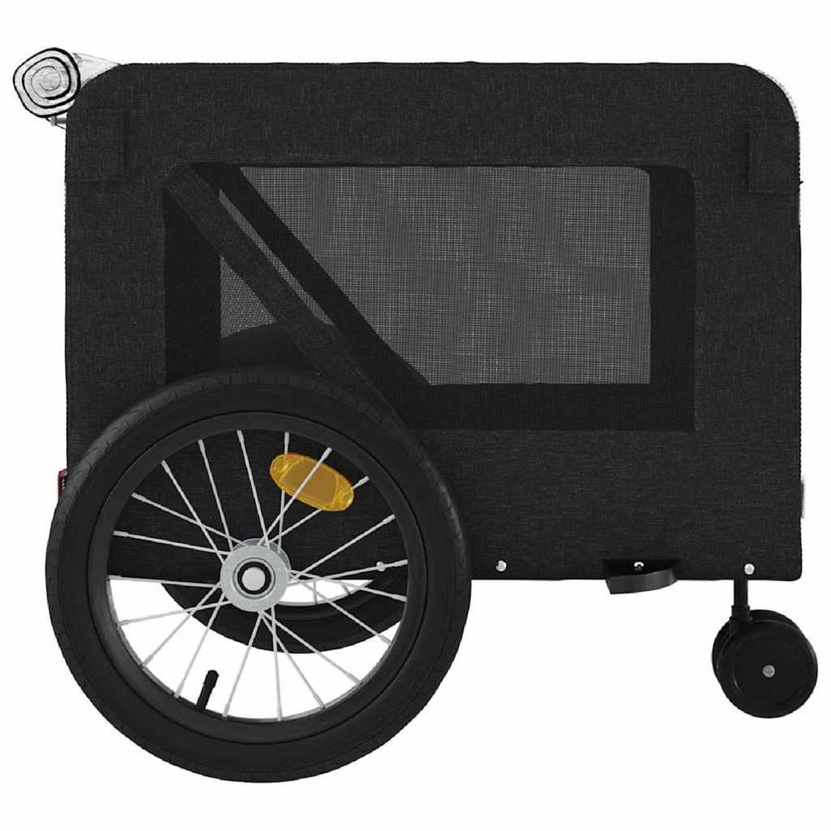 Ein schwarzer Kinderwagen mit einem großen Rad und einem kleinen Rad vorne.