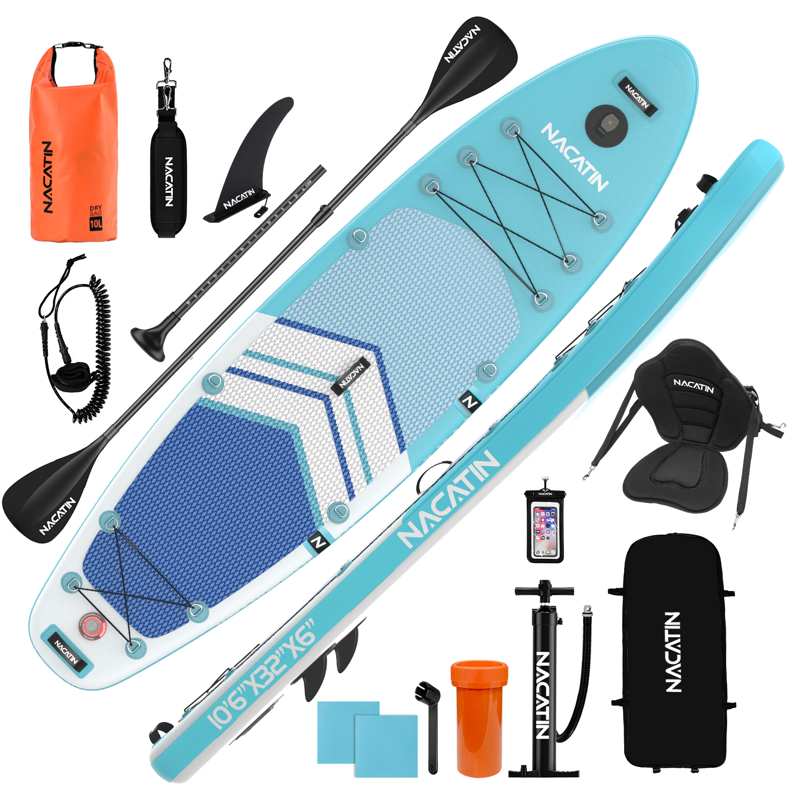 Blaues Paddleboard mit Zubehör: Paddel, Pumpe, Sitz, Tasche.