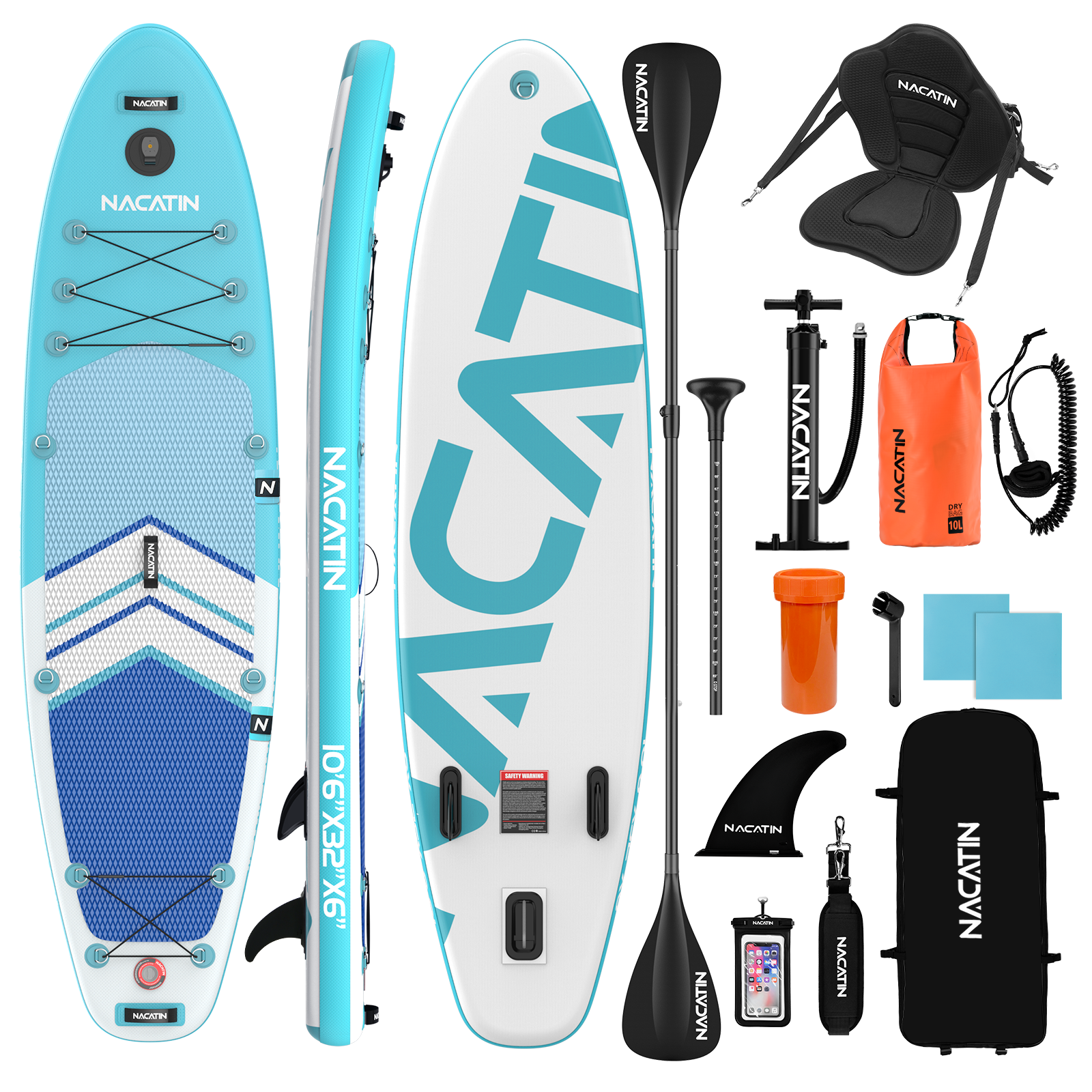 Ein aufblasbares SUP-Board-Set mit Paddel, Pumpe, Sitz, Tasche und Zubehör.