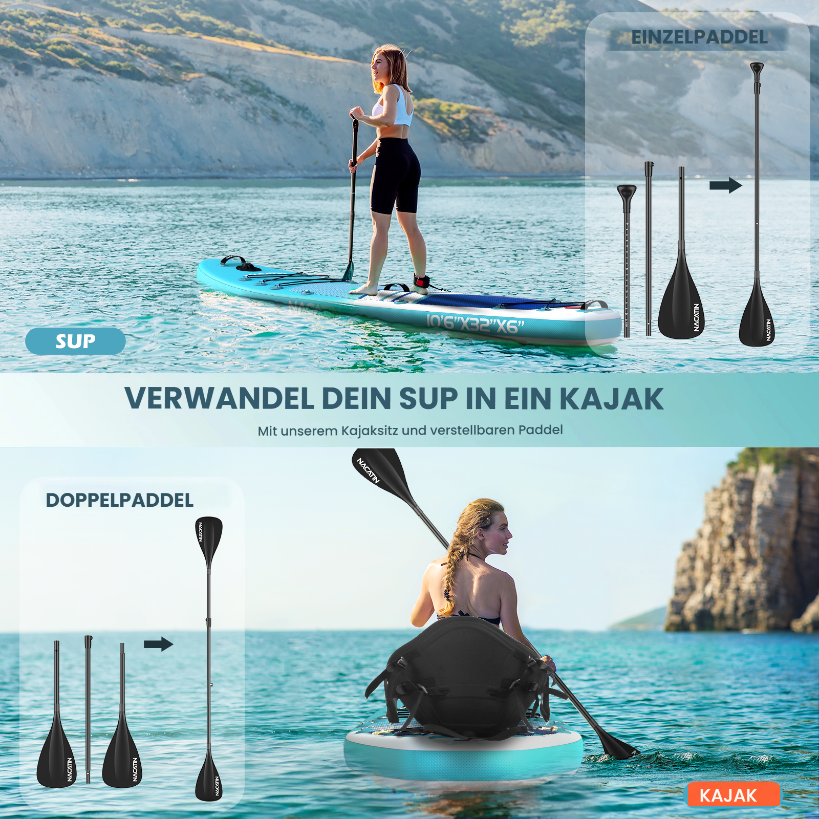 Eine Frau auf einem SUP; daneben Paddel im Vergleich: Einzel- und Doppelpaddel.