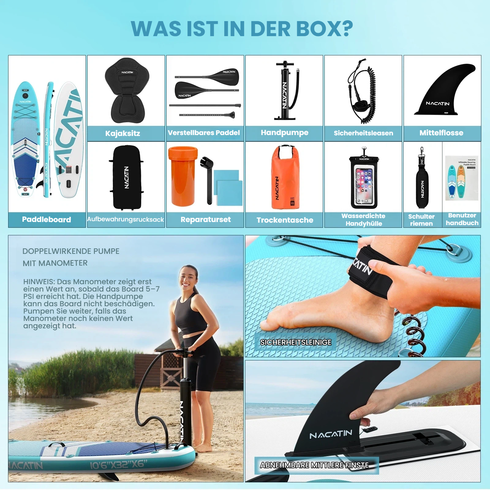 Kajak-Sitz, Paddel, Pumpe, Leine, Flosse, Tasche, Handyhülle, Gurt, Handbuch, Board.