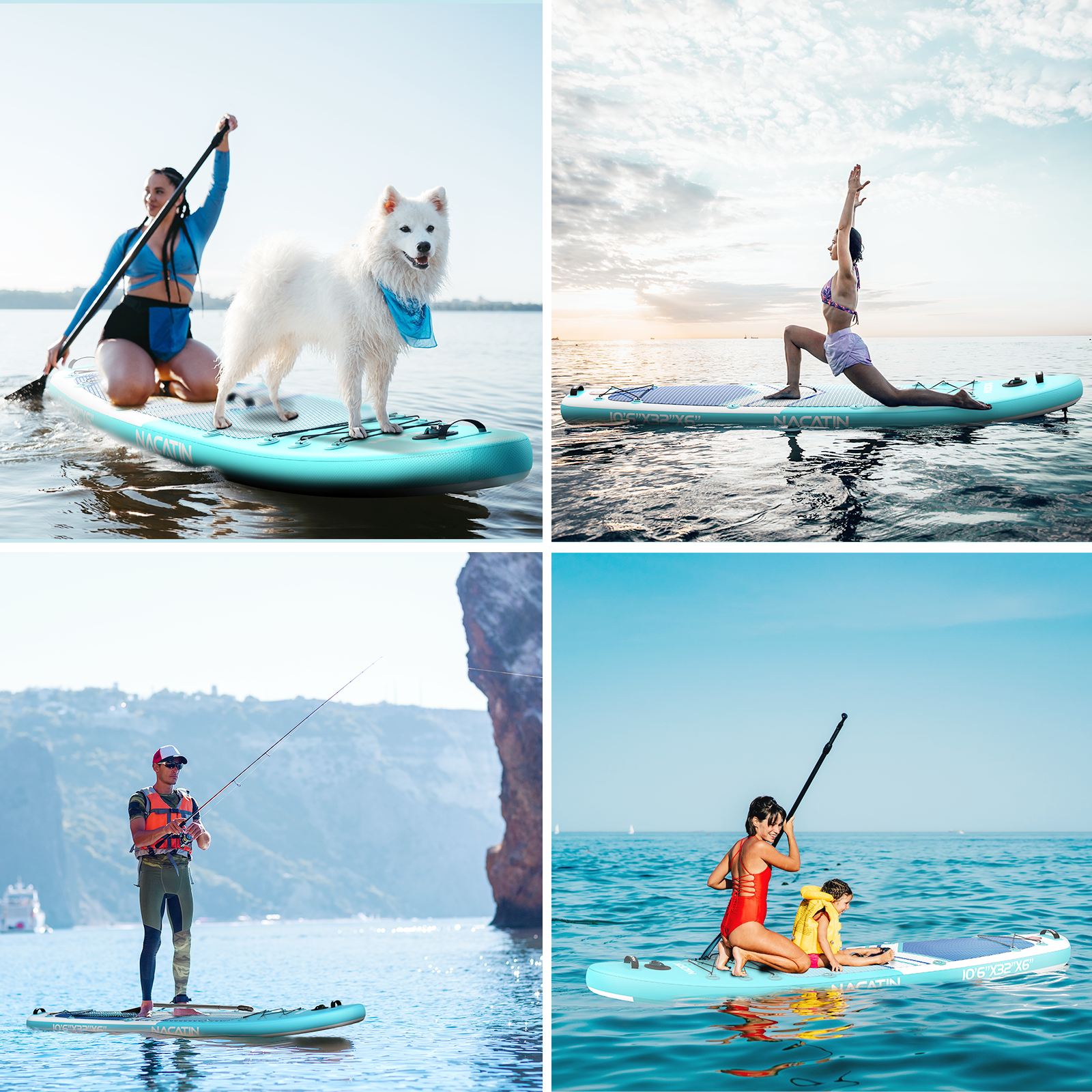 Frau mit Hund auf Paddelbrett, Frau beim Yoga, Mann beim Angeln, Frau und Kind auf Paddelbrett.