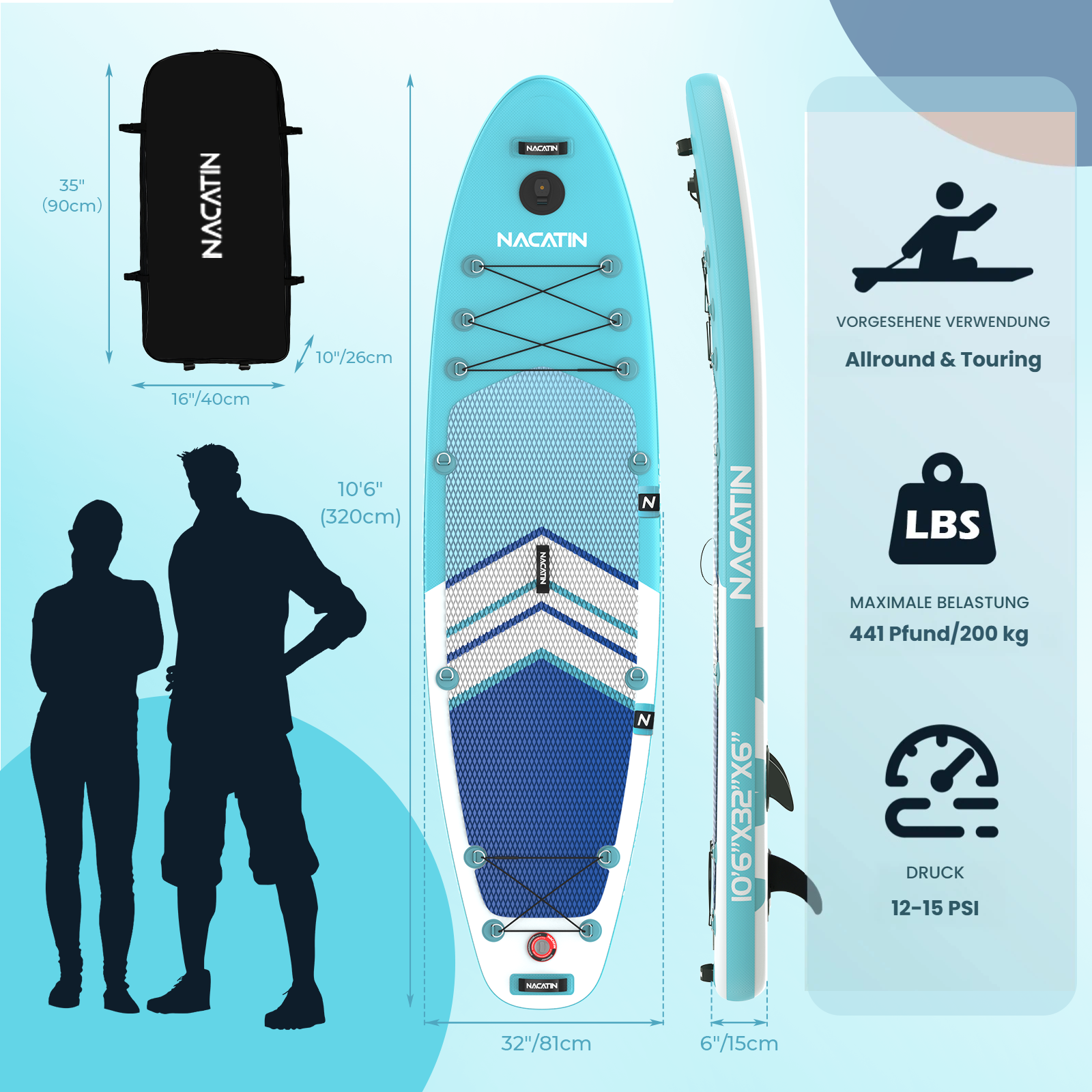 Ein blaues Stand-Up-Paddleboard mit Zubehör und Maßen.