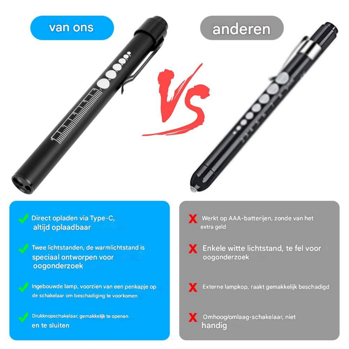Zwei schwarze Stifte mit LED-Lichtern, Vergleich mit Vor- und Nachteilen.
