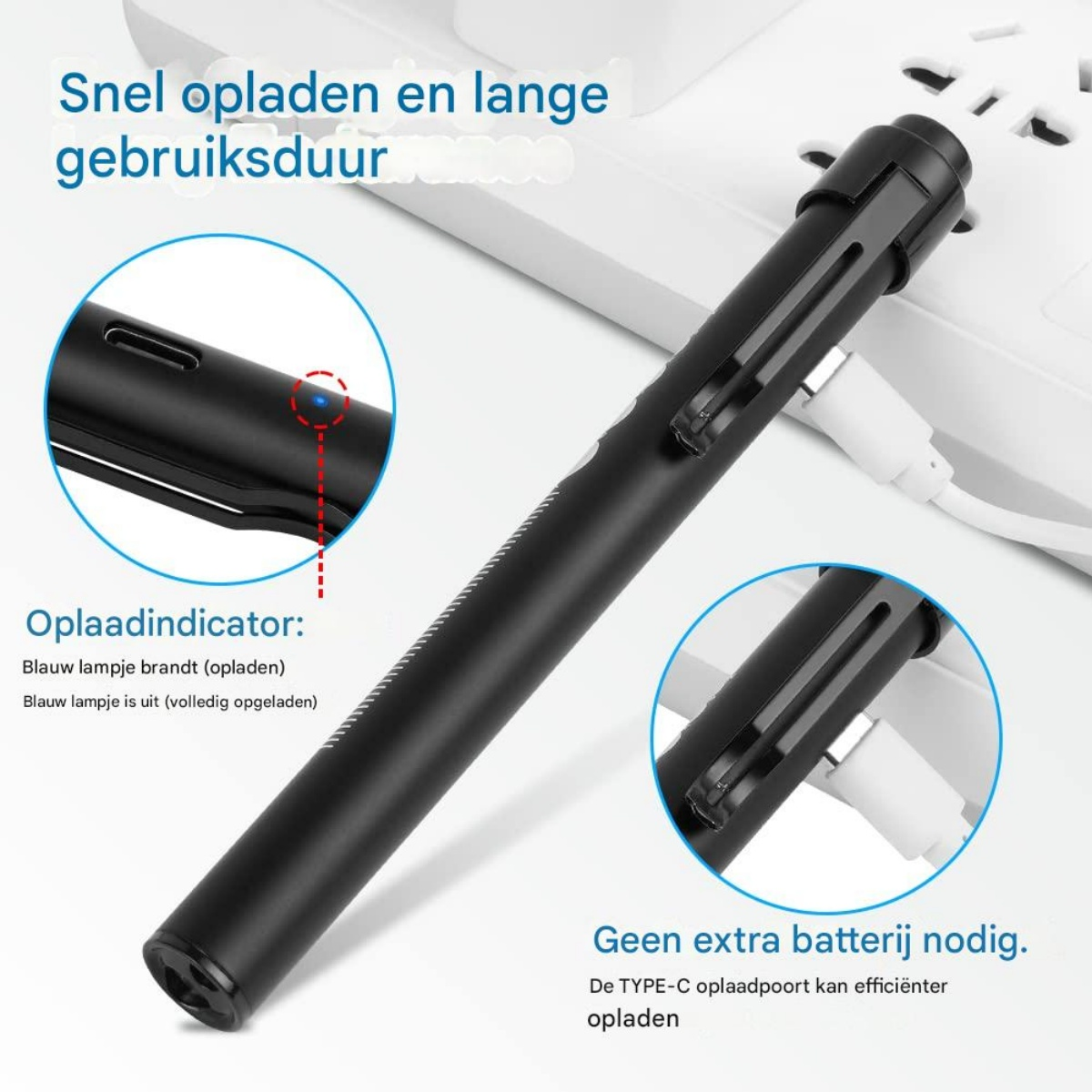 Schwarzer Stift mit Ladeanzeige und USB-C-Anschluss, der an einer Steckdosenleiste angeschlossen ist.