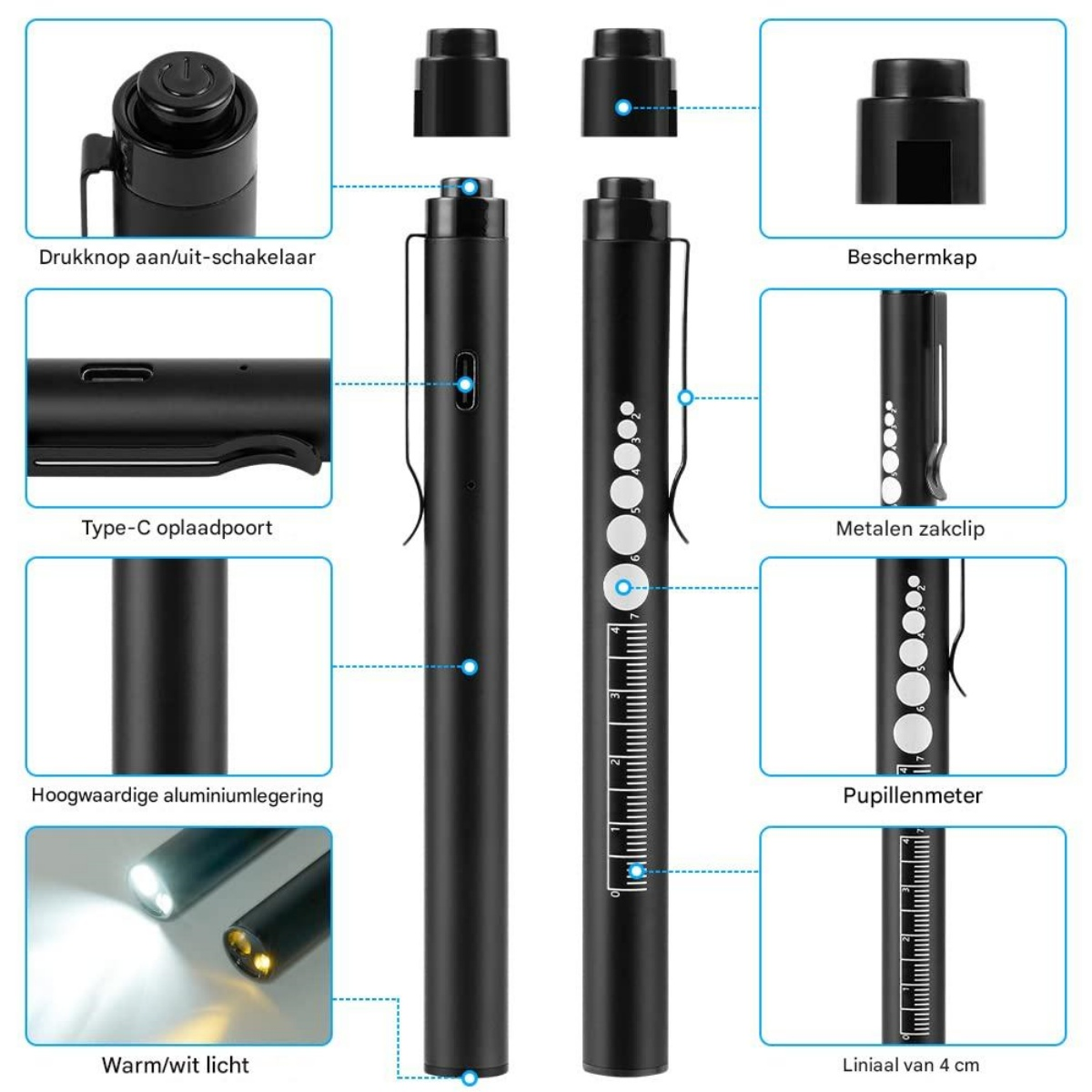 Zwei schwarze Stifte mit Details: Schalter, Ladeanschluss, Clip, Pupillenmeter und Lineal.