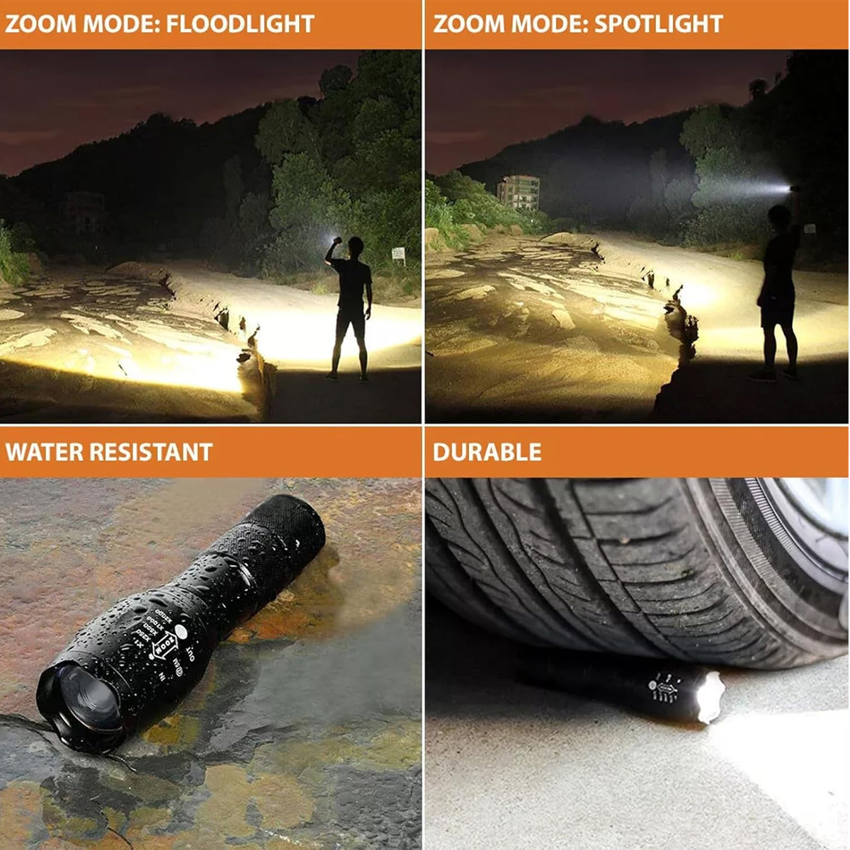 Taschenlampe im Flutlicht- und Spotlichtmodus, wasserdicht und robust.