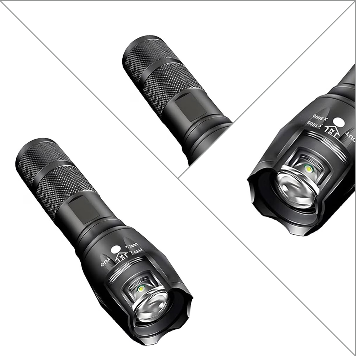 Drei Ansichten einer schwarzen Taschenlampe mit gerändeltem Griff und LED-Leuchte.