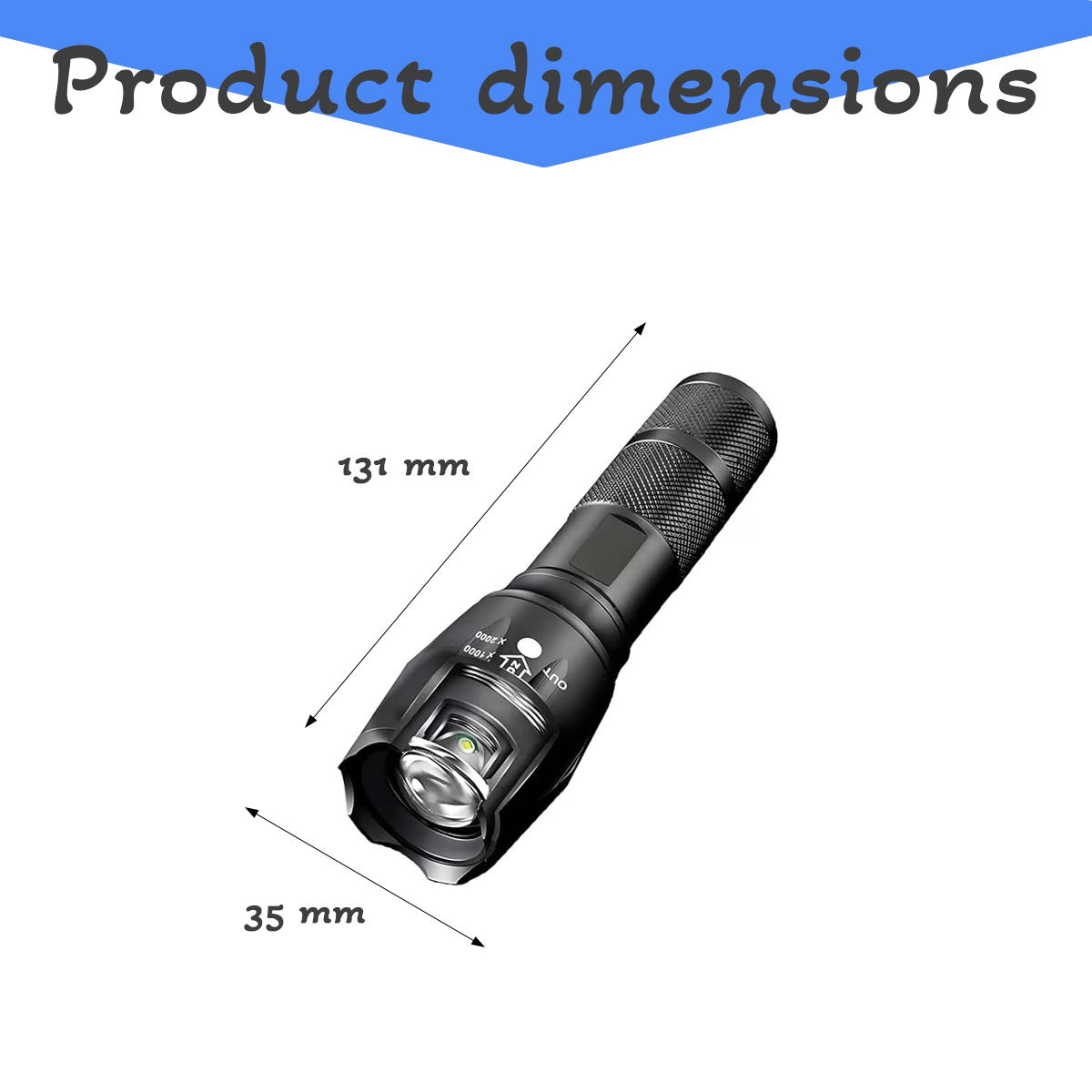 Schwarze Taschenlampe mit Maßen von 131 mm Länge und 35 mm Breite.