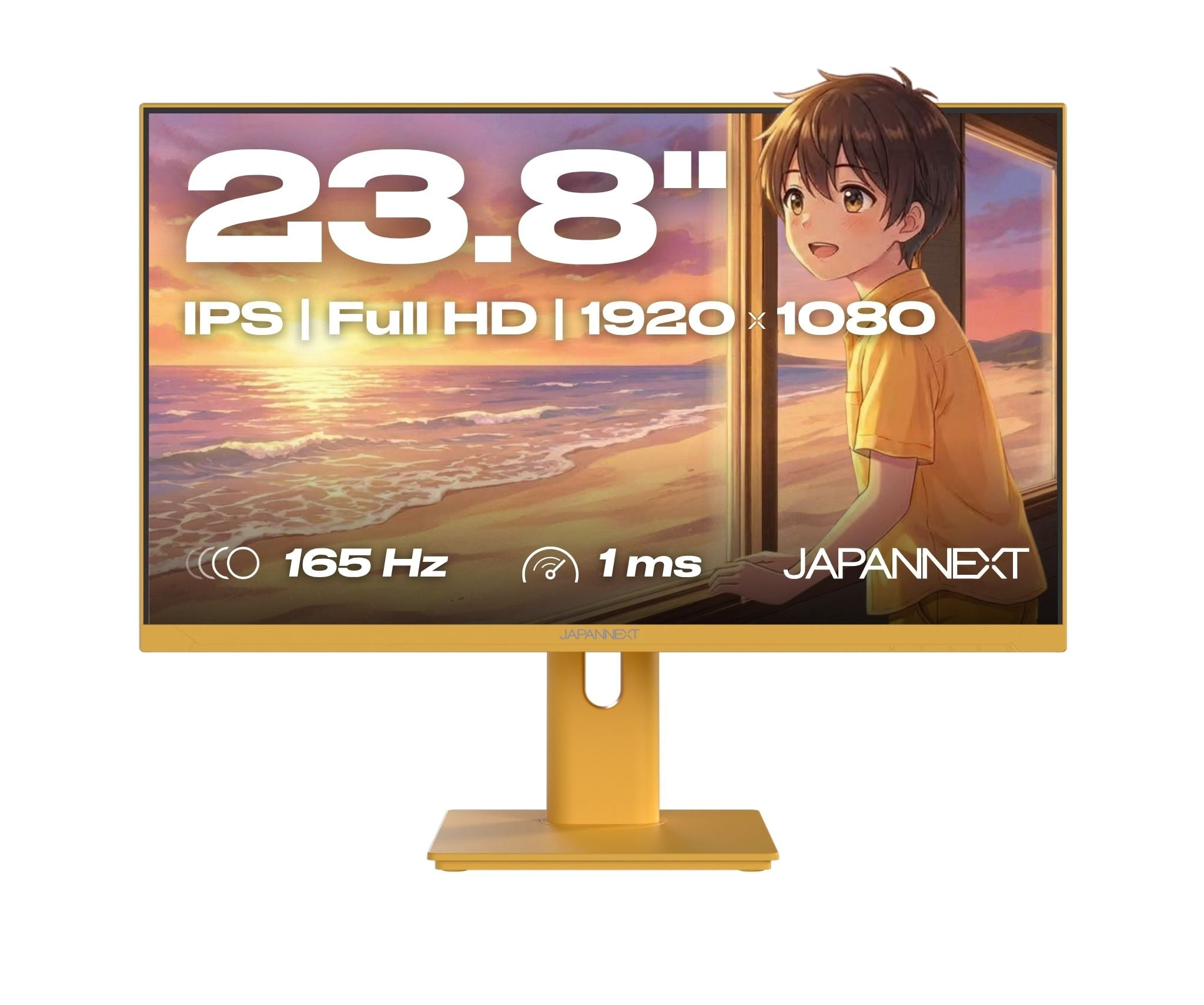 Ein gelber Monitor zeigt 23,8 Zoll, Full HD, 165 Hz, 1 ms und ein Anime-Jungenbild.