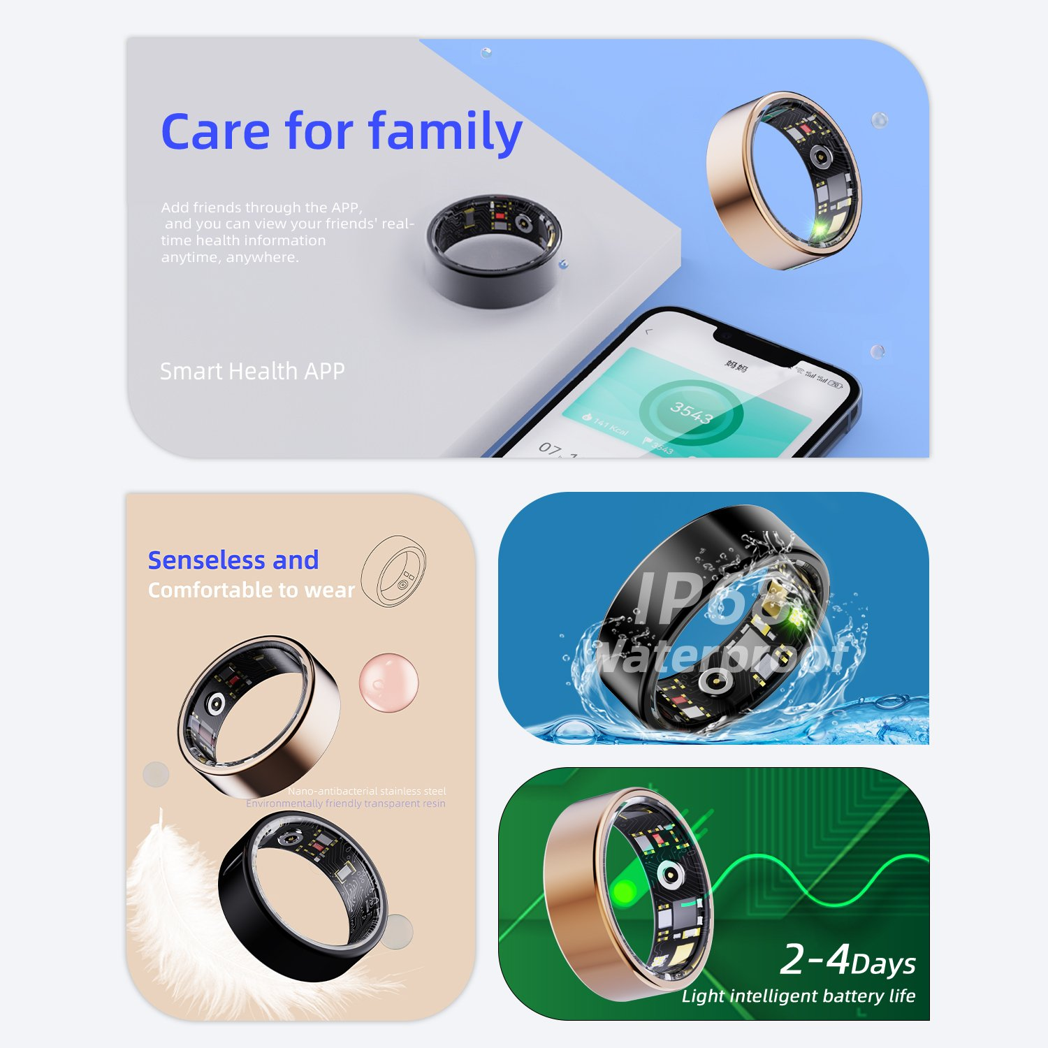 Smarte Ringe und Handy-App zeigen Gesundheitsdaten, wasserdicht und Akkulaufzeit.
