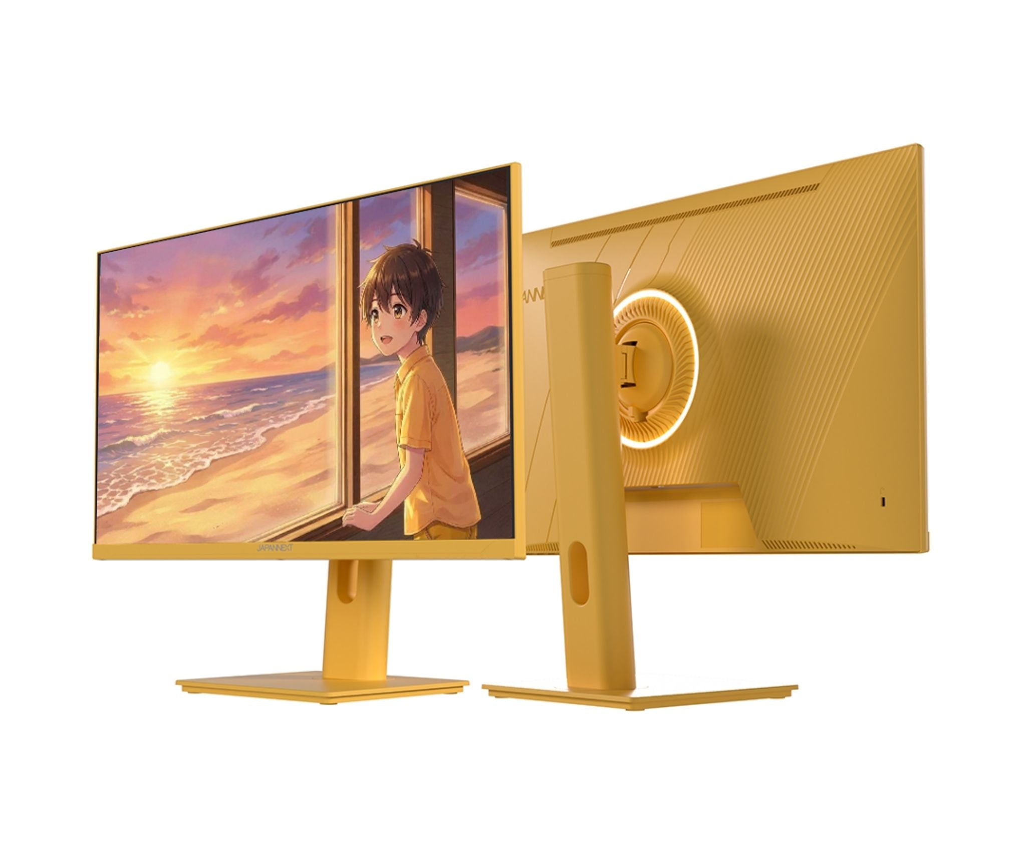 Ein gelber Monitor zeigt ein Anime-Bild eines Jungen am Fenster bei Sonnenuntergang am Meer.
