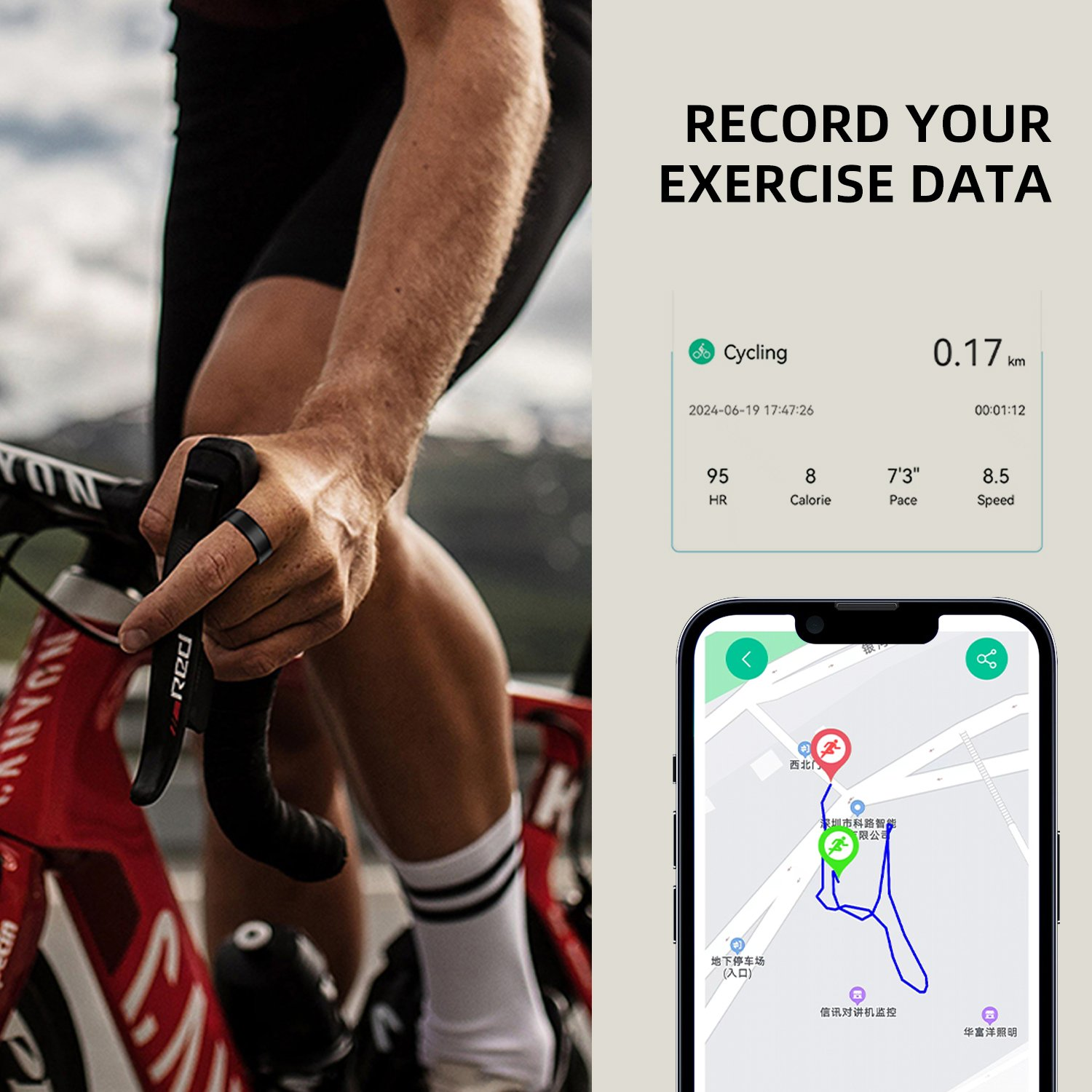 Radfahrer hält Lenker, daneben Handy-Screenshot mit Trainingsdaten und Karte.