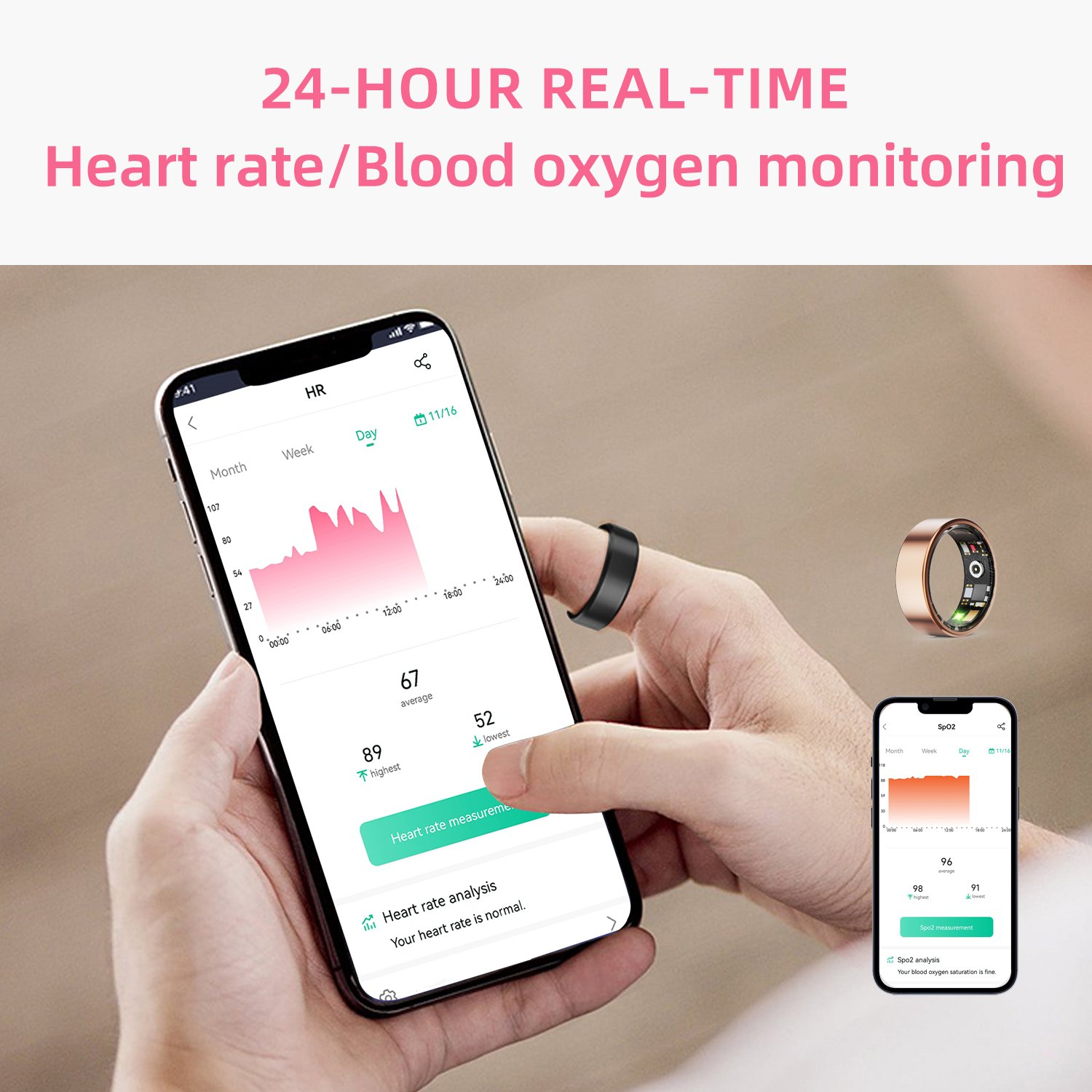 Eine Hand hält ein Smartphone mit Herzfrequenzdaten. Daneben sind zwei Smart-Ringe.