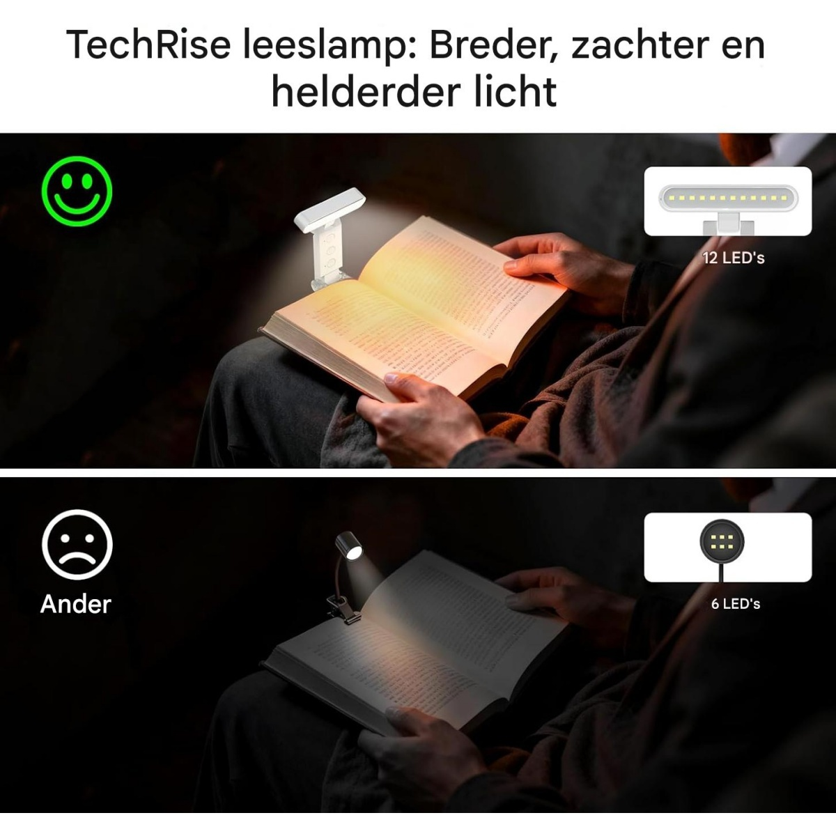 Oben: Buch mit 12 LEDs, das von einer Person gelesen wird. Unten: Buch mit 6 LEDs.