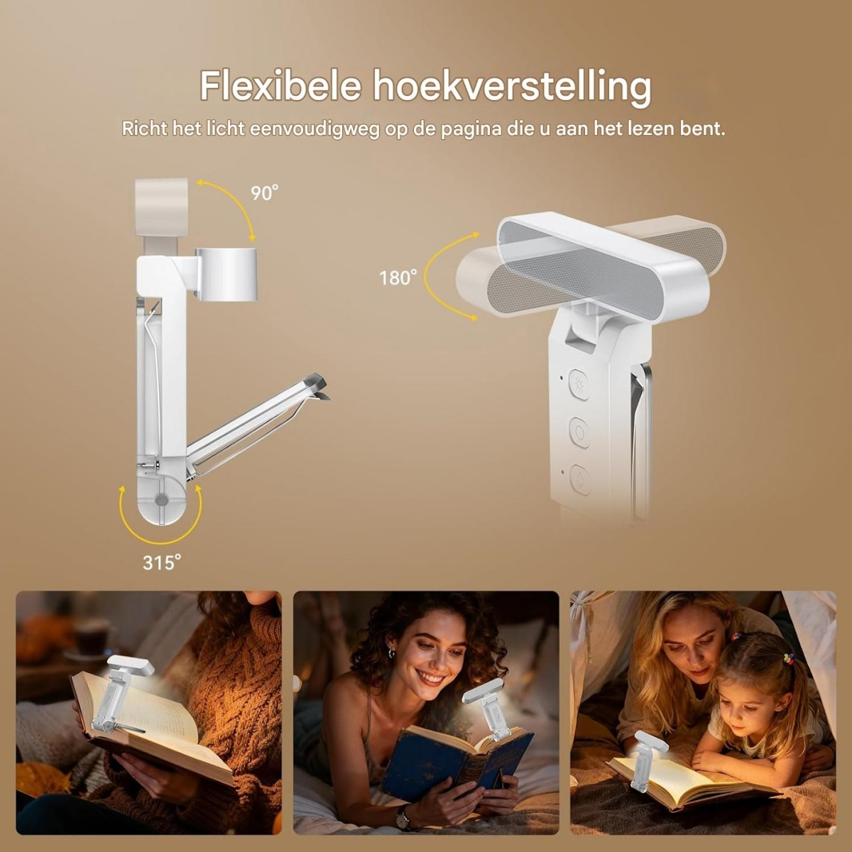 Ein Buchleselicht mit flexibler Verstellung wird gezeigt.