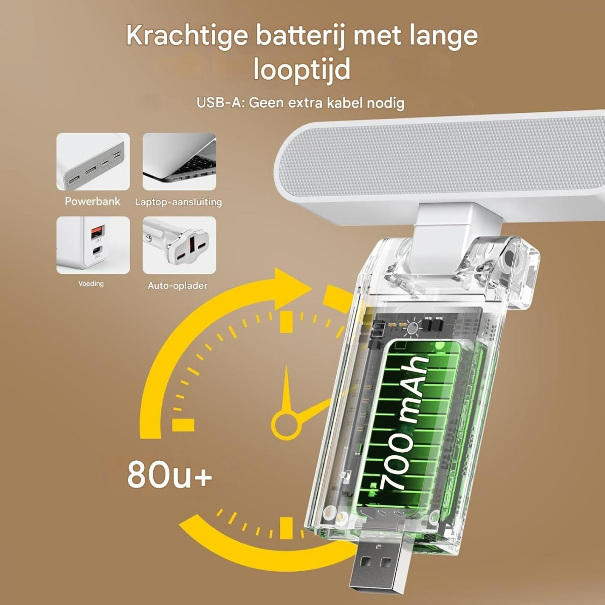 Ein transparentes Gehäuse zeigt eine 700-mAh-Batterie mit USB-A-Anschluss.