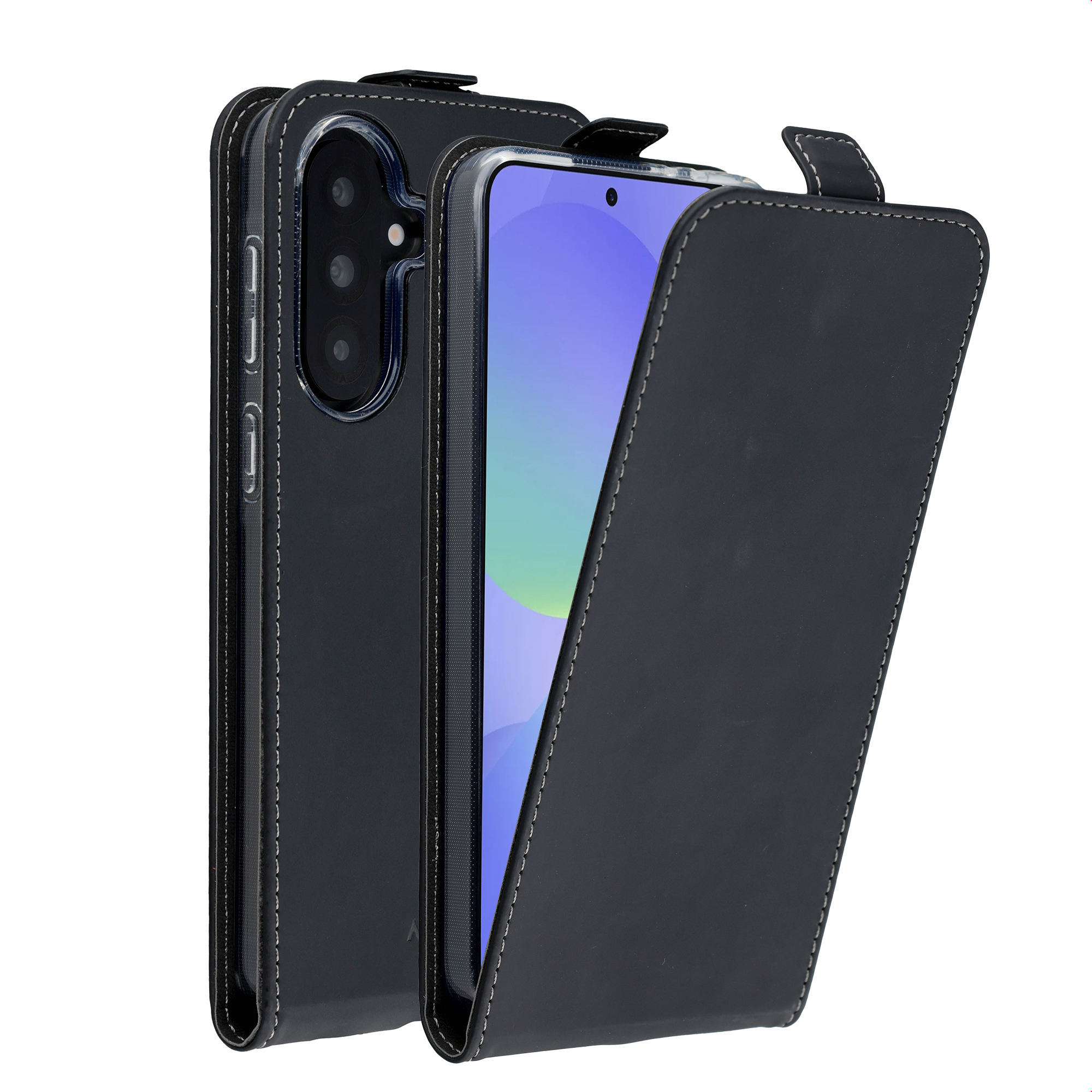 Zwarte smartphone met een fliphoes, achterste camera's zijn zichtbaar.