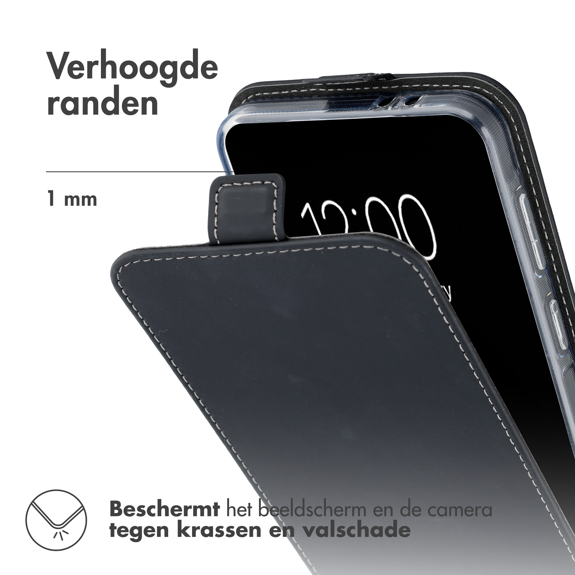 Zwarte telefoonhoes met 1 mm verhoogde randen ter bescherming.