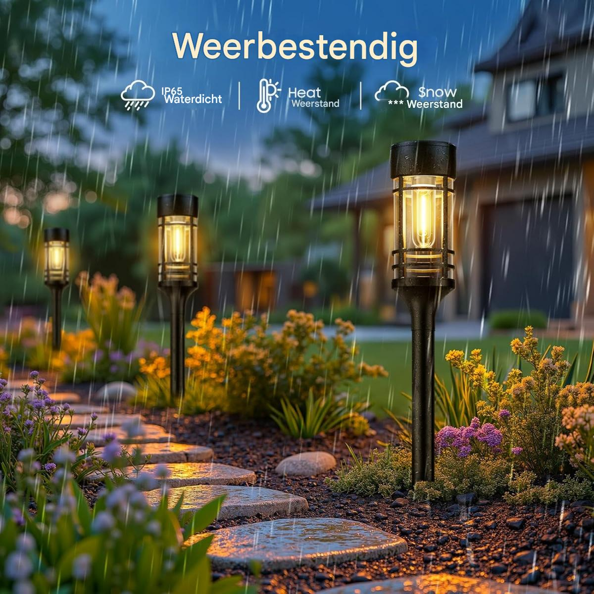 Gartenweg mit Lichtern im Regen, mit Haus im Hintergrund.