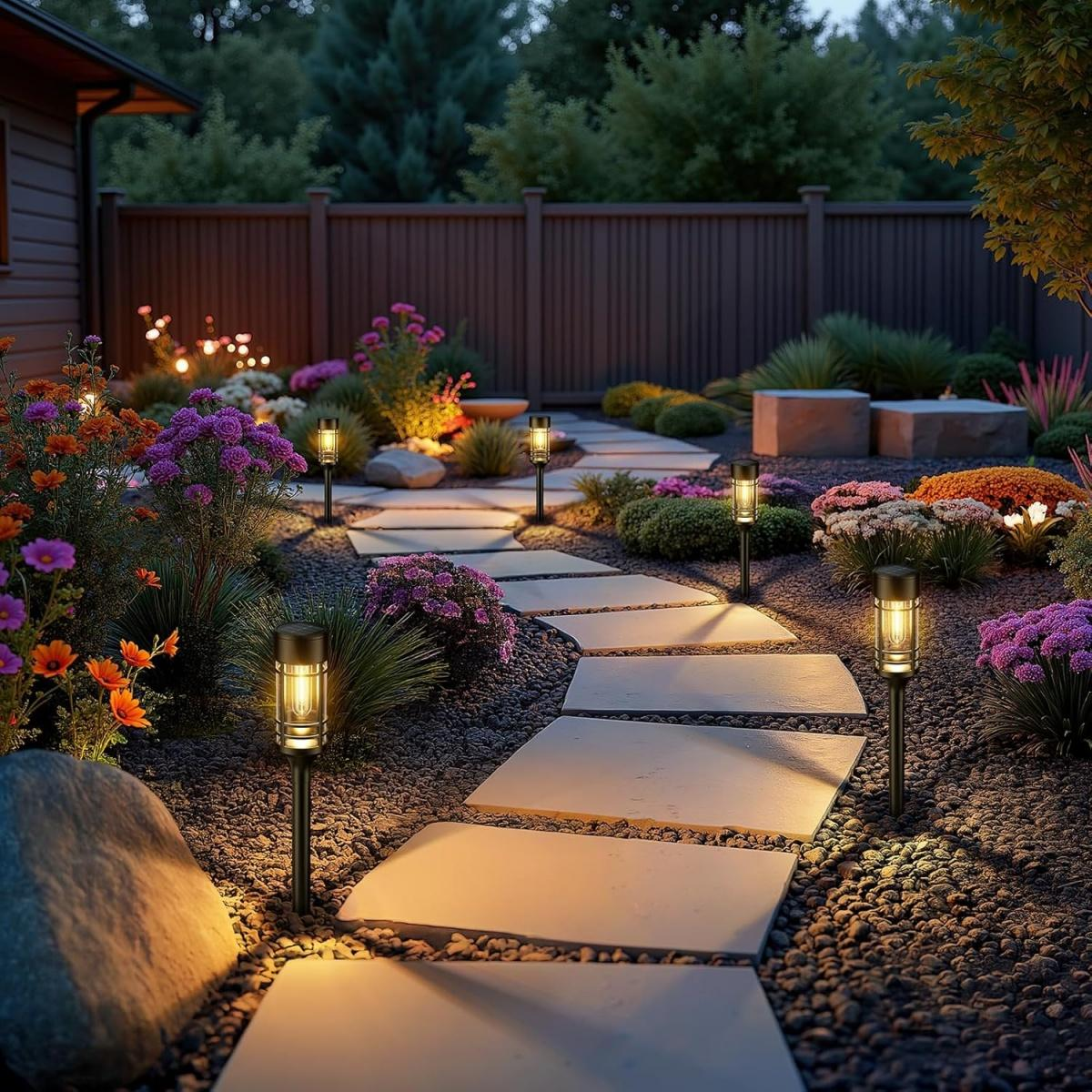Ein Gartenweg aus Steinplatten mit Solarleuchten führt durch blühende Blumenbeete.