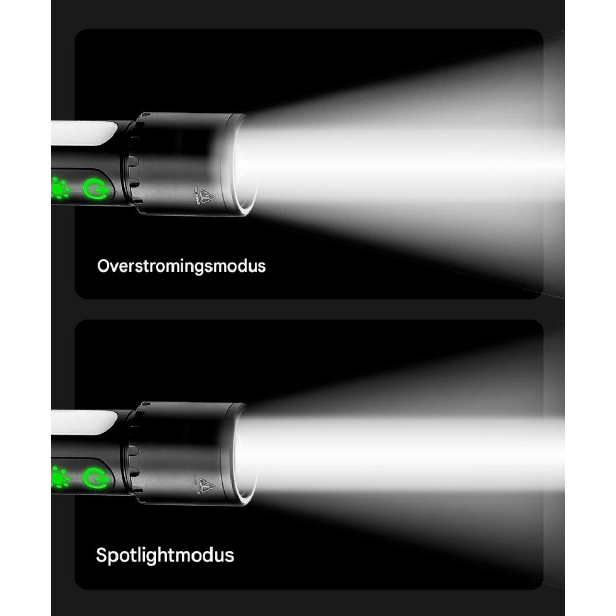 Zwei Taschenlampenmodi: breiter Lichtkegel oben, fokussierter Lichtkegel unten.