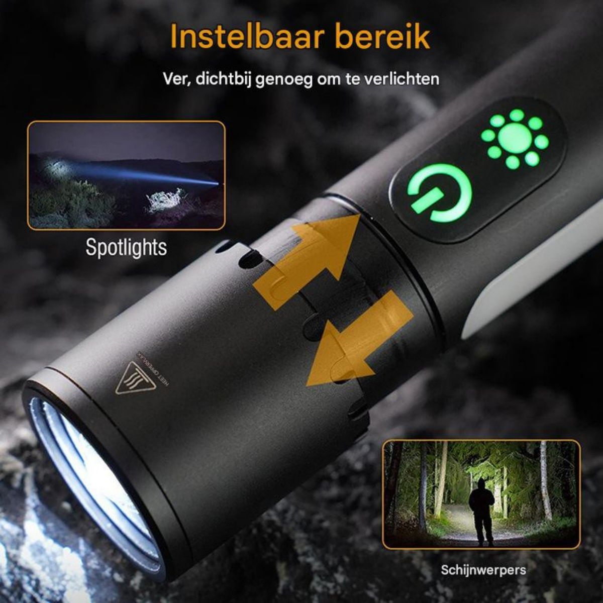 Eine schwarze Taschenlampe mit einer Anzeigefläche und zwei kleinen Bildern.