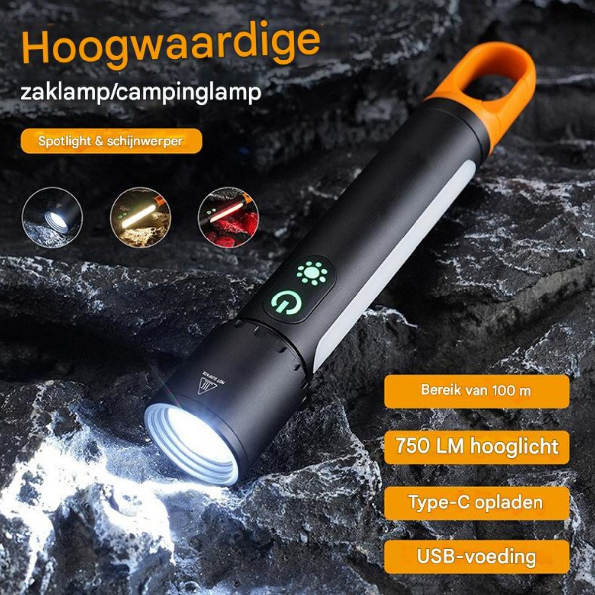 Eine schwarze und orangefarbene Taschenlampe mit verschiedenen Lichtmodi und Ladeanzeigen.