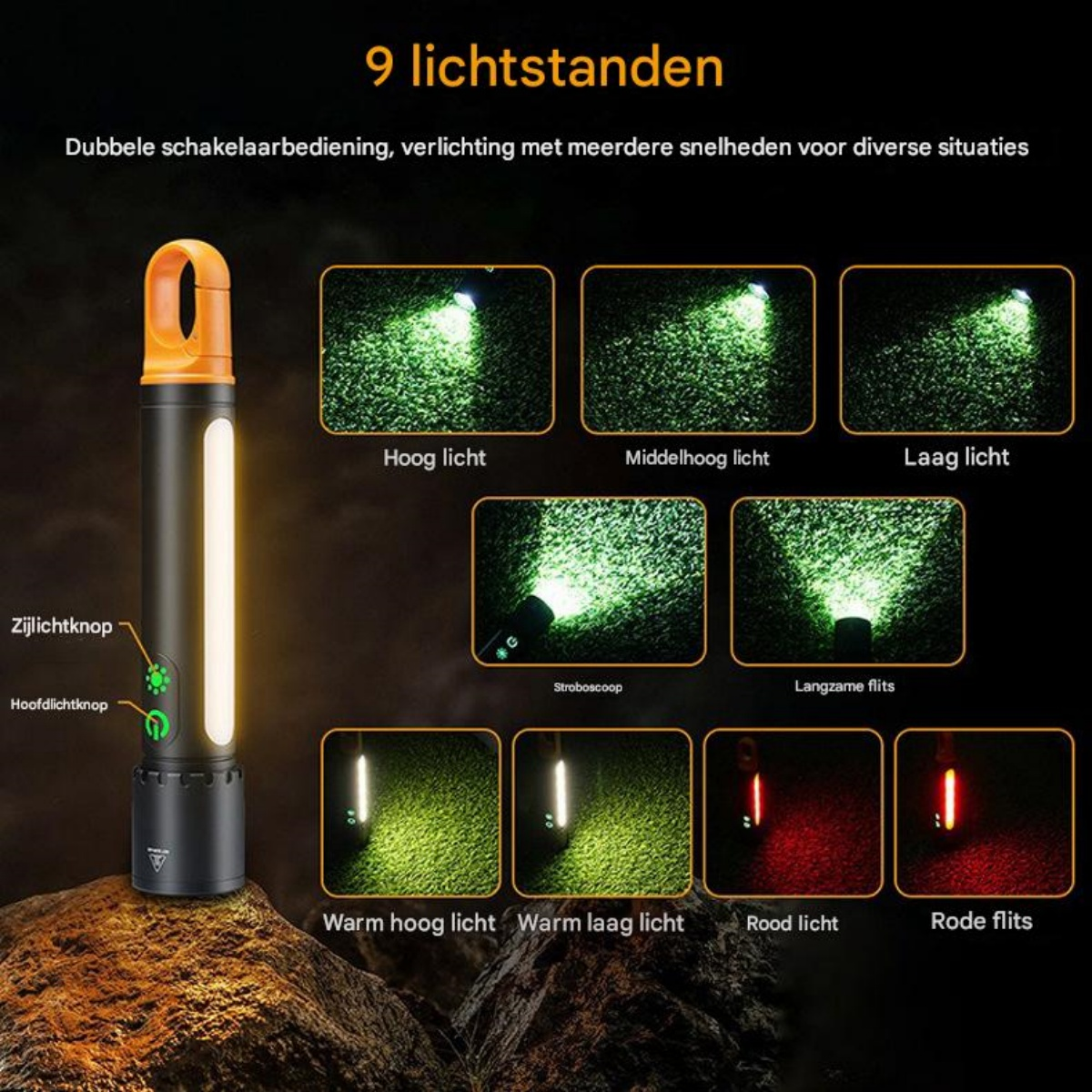 Taschenlampe mit 9 Modi, zeigt verschiedene Lichtmuster auf Gras.