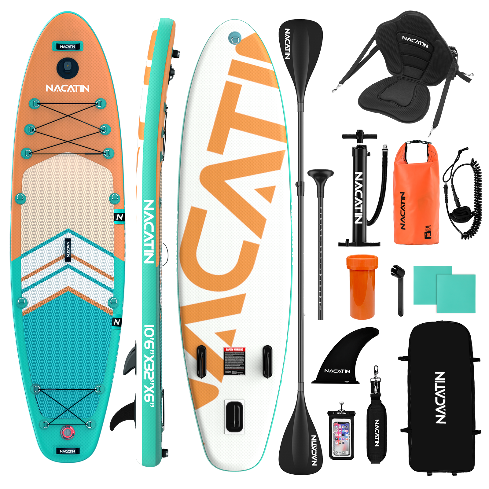 Aufblasbares Stand-Up-Paddleboard mit Zubehör: Paddel, Pumpe, Sitz, Tasche.