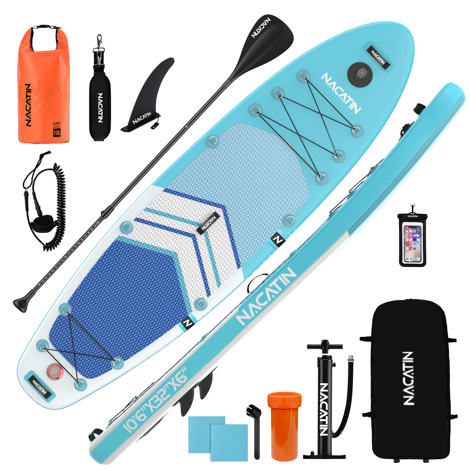 Ein blaues Stand-Up-Paddleboard mit Zubehör: Paddel, Pumpe, Tasche, Leine.