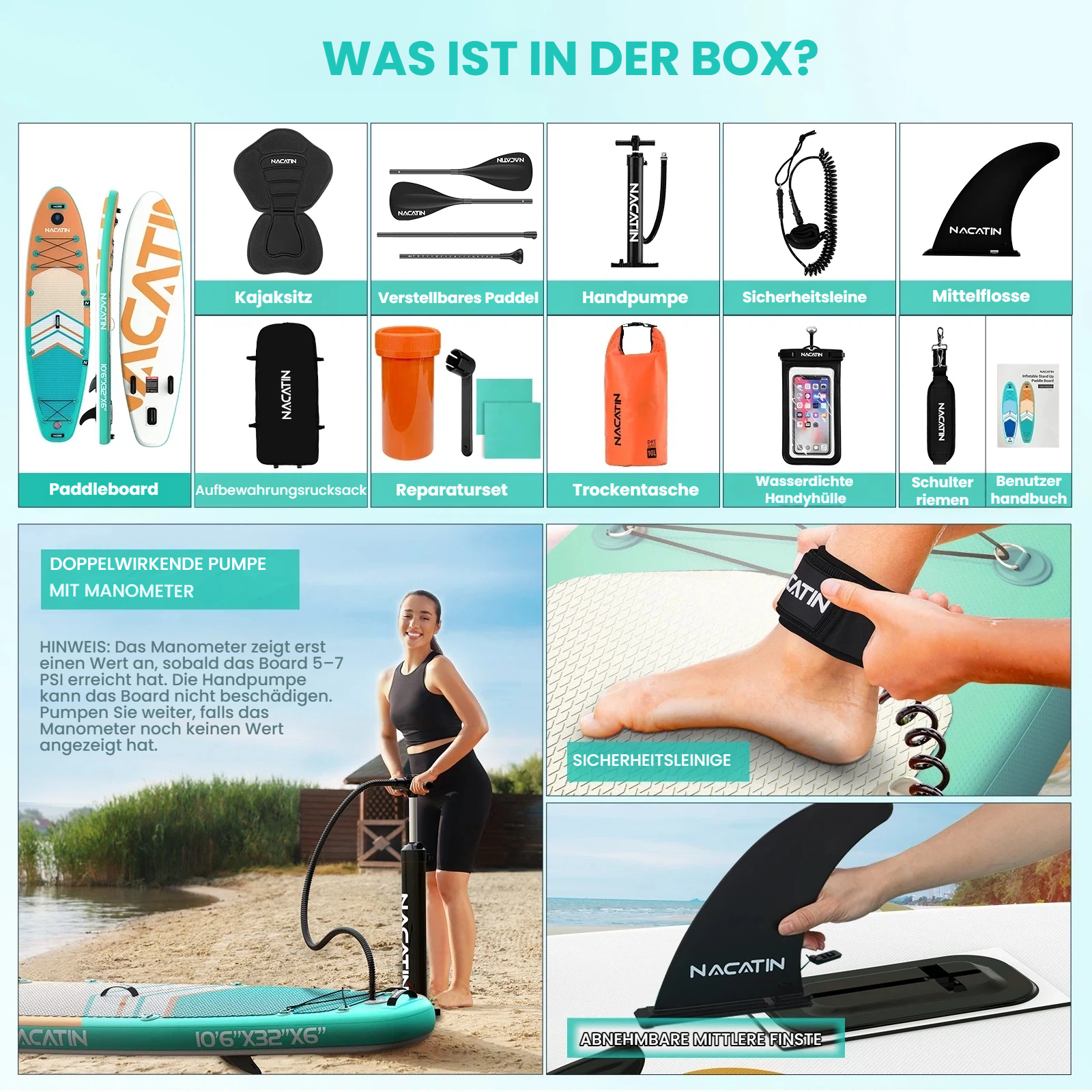 Übersicht der SUP-Ausrüstung: Boards, Paddel, Pumpe, Leine, Finne, Tasche, Reparaturset.