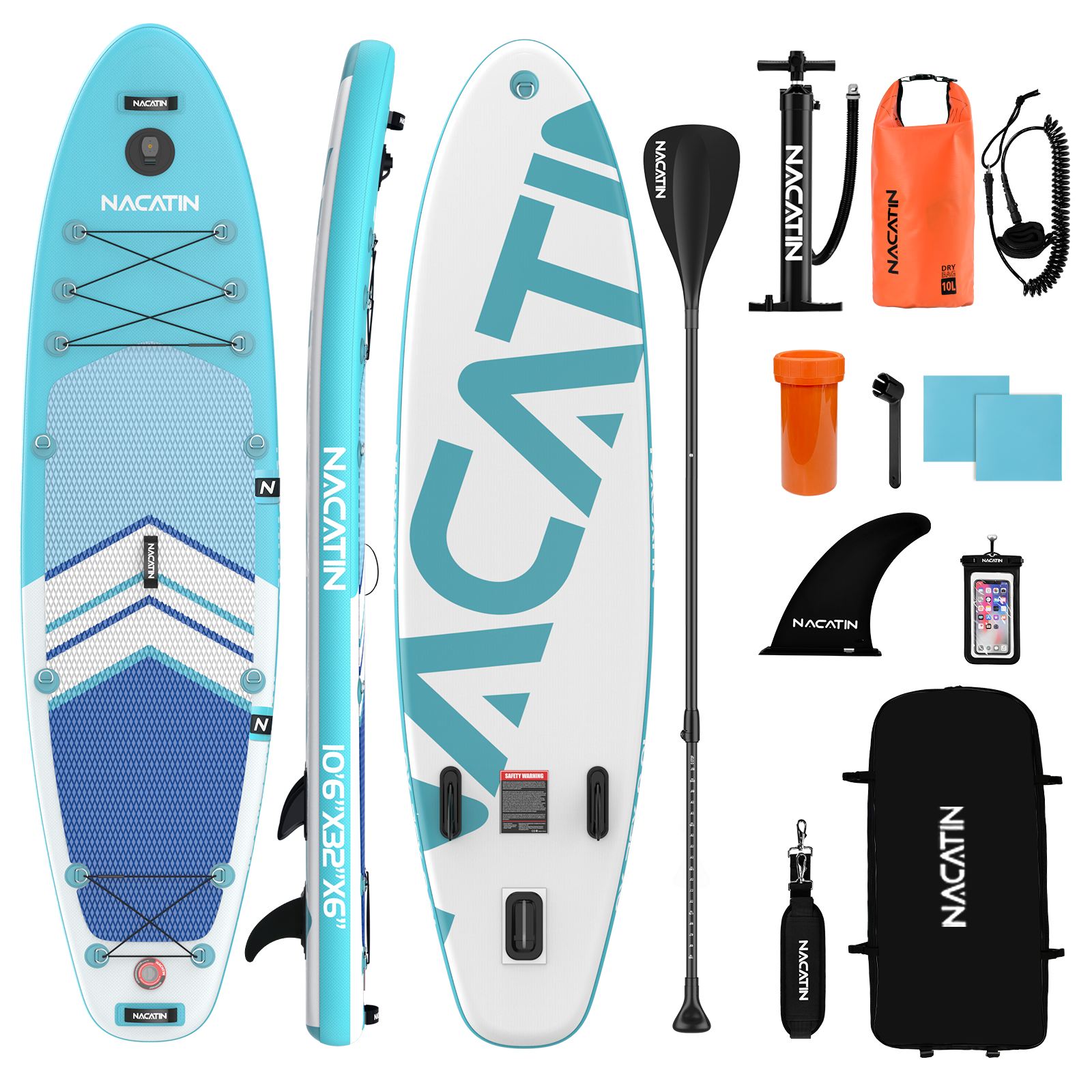 Aufblasbares SUP-Board mit Paddel, Pumpe, Finne, Tasche, Leine und Trockenbeutel.