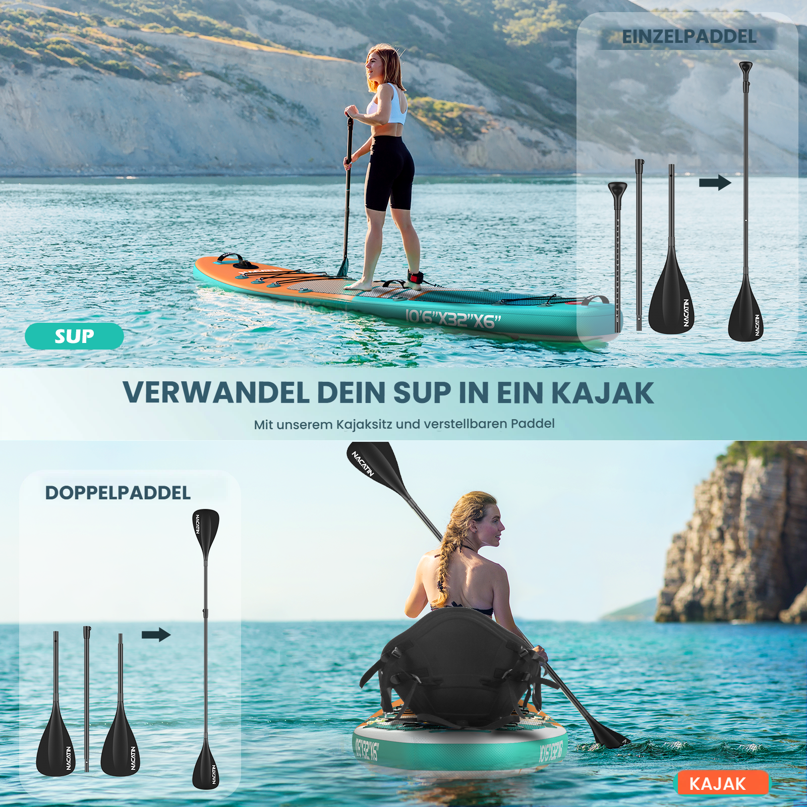 Frau steht auf SUP. Einzel- und Doppelpaddel werden gezeigt.