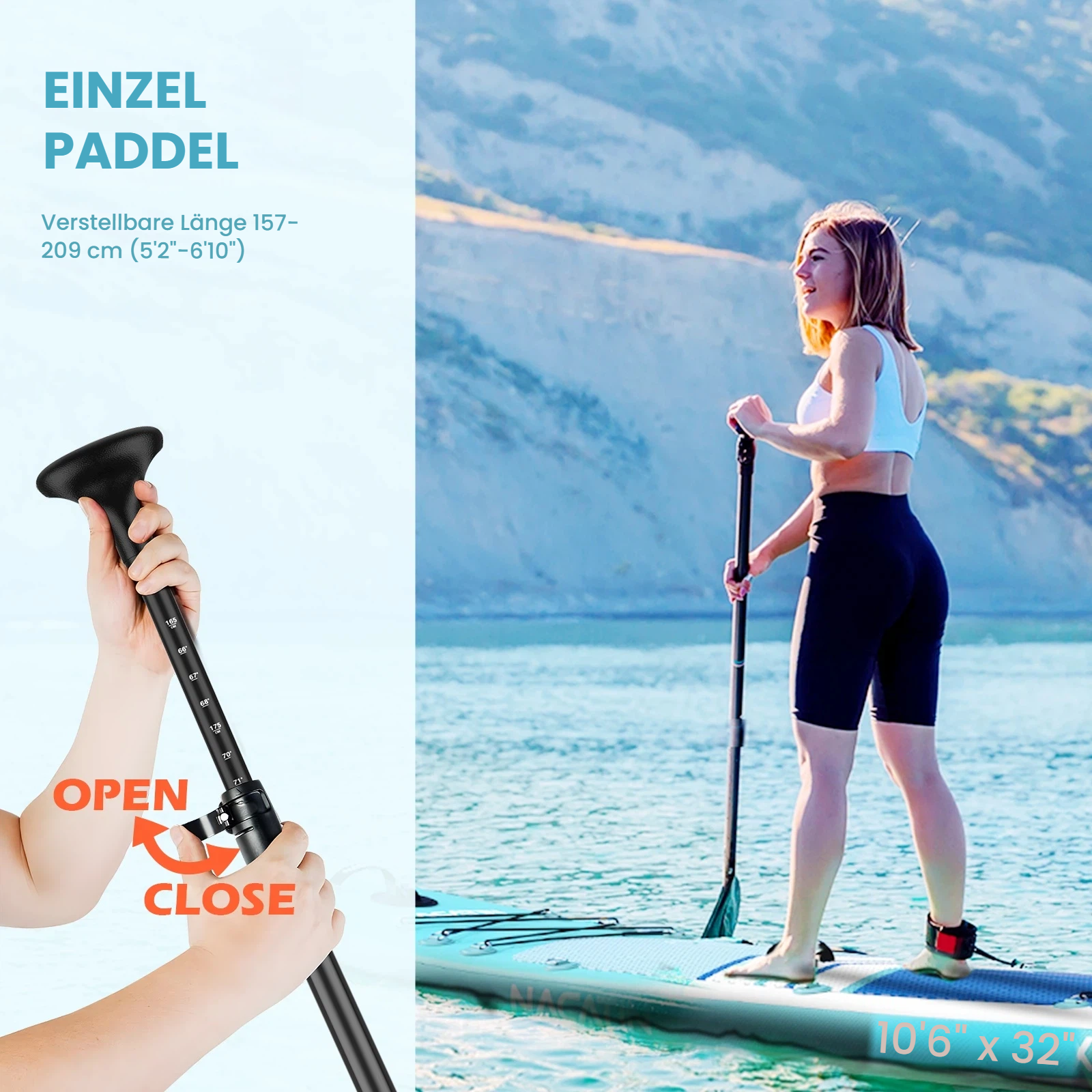 Ein Paddel für Stand-Up-Paddling wird gezeigt, mit Größenangaben und einer Frau auf einem Board.