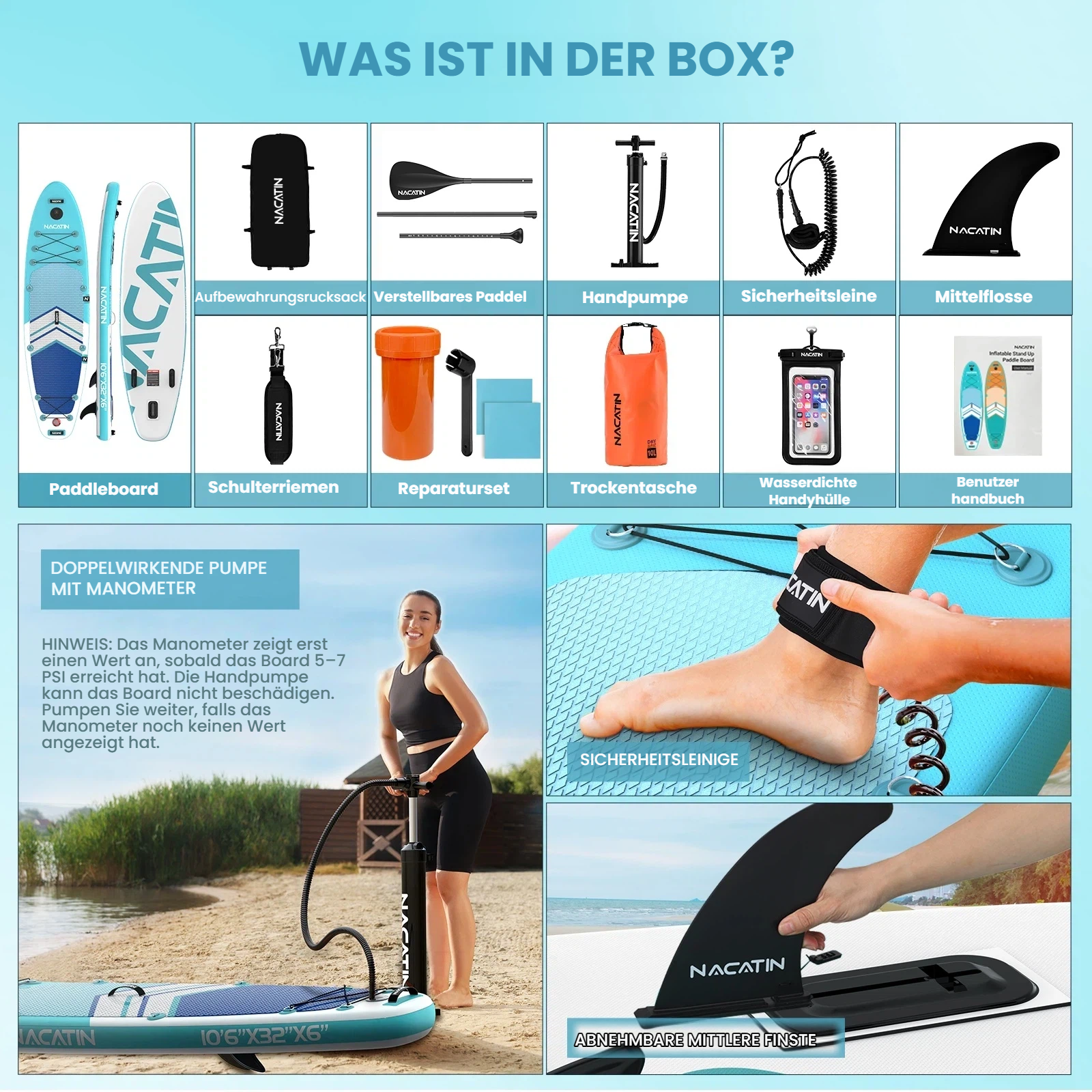 Aufblasbares Stand-Up-Board mit Zubehör: Pumpe, Paddel, Leine, Finne, Tasche, Handyhülle, Reparaturset.