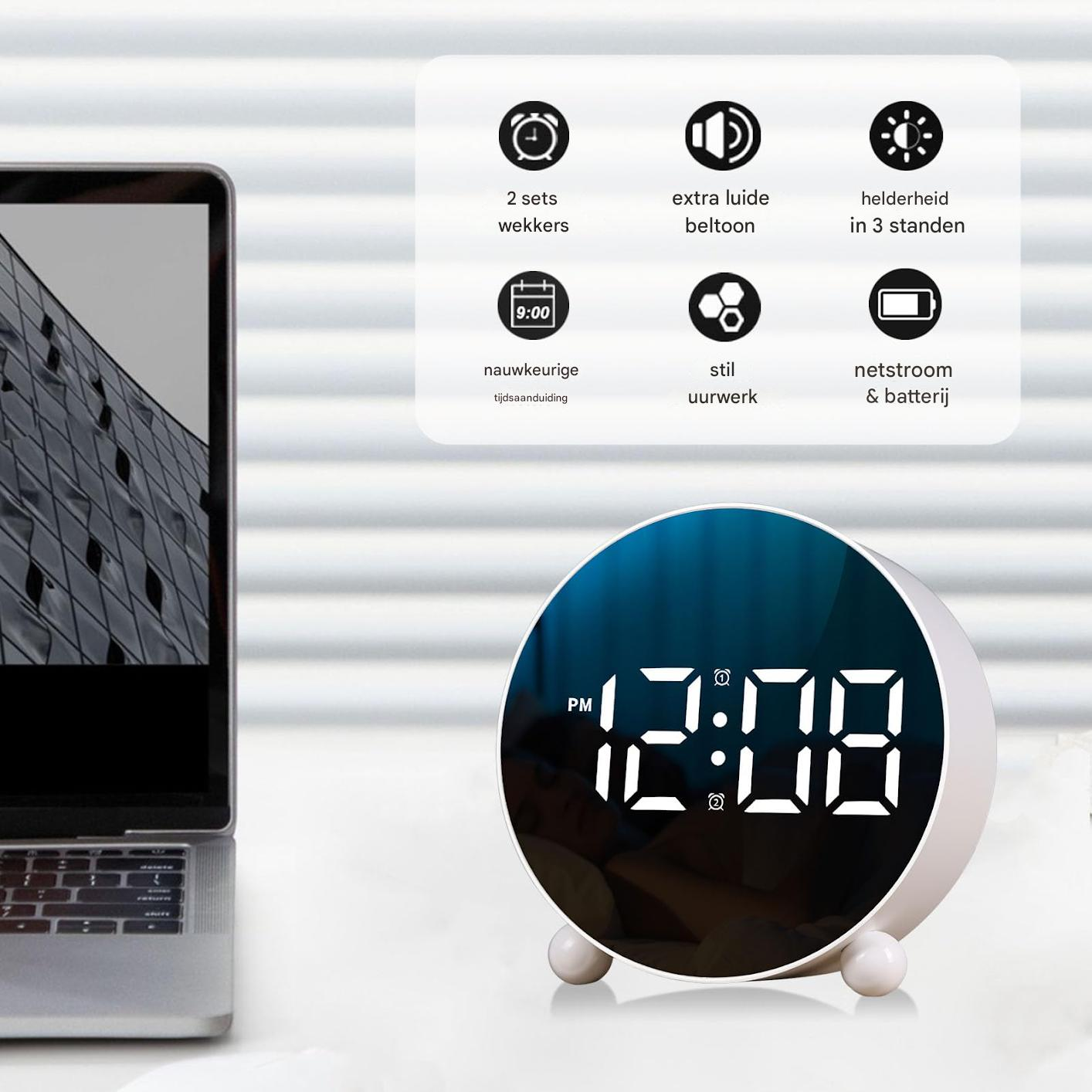Digitaler Wecker mit Laptop, zeigt 12:08 Uhr an. Merkmale: 2 Wecker, lauter Ton, 3 Helligkeiten.