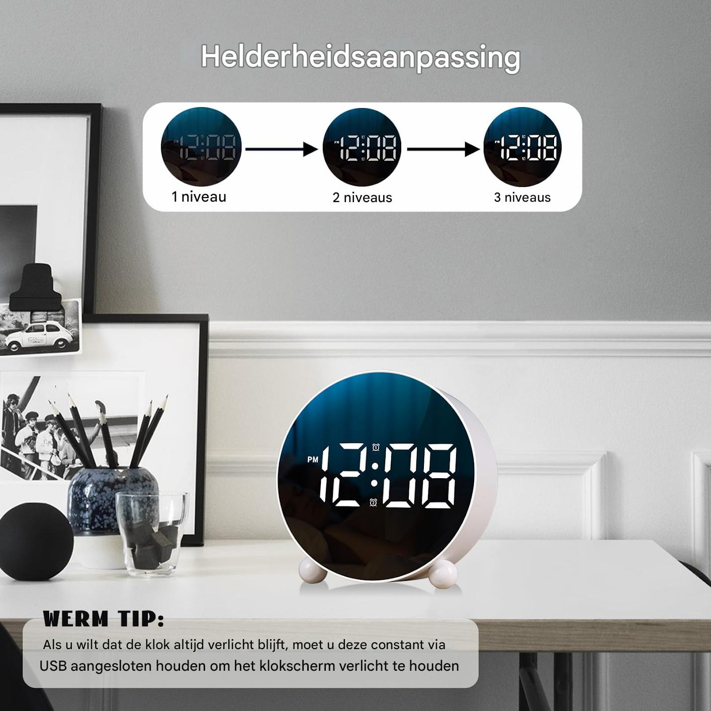 Ein digitaler Wecker zeigt 12:08 und Helligkeitsstufen.