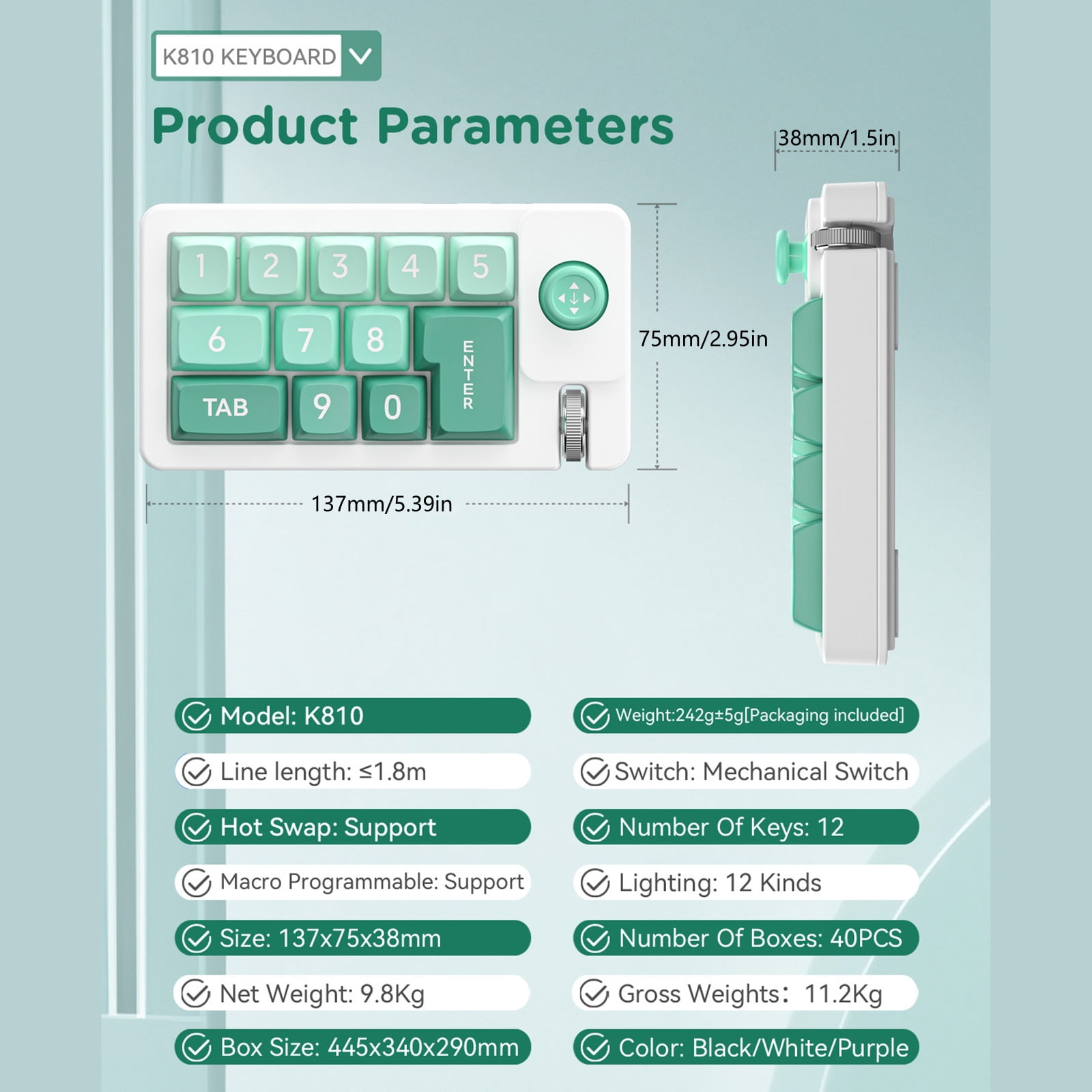 Ein numerisches Tastaturmodell K810 mit grünen Tasten und weißen Rahmen.