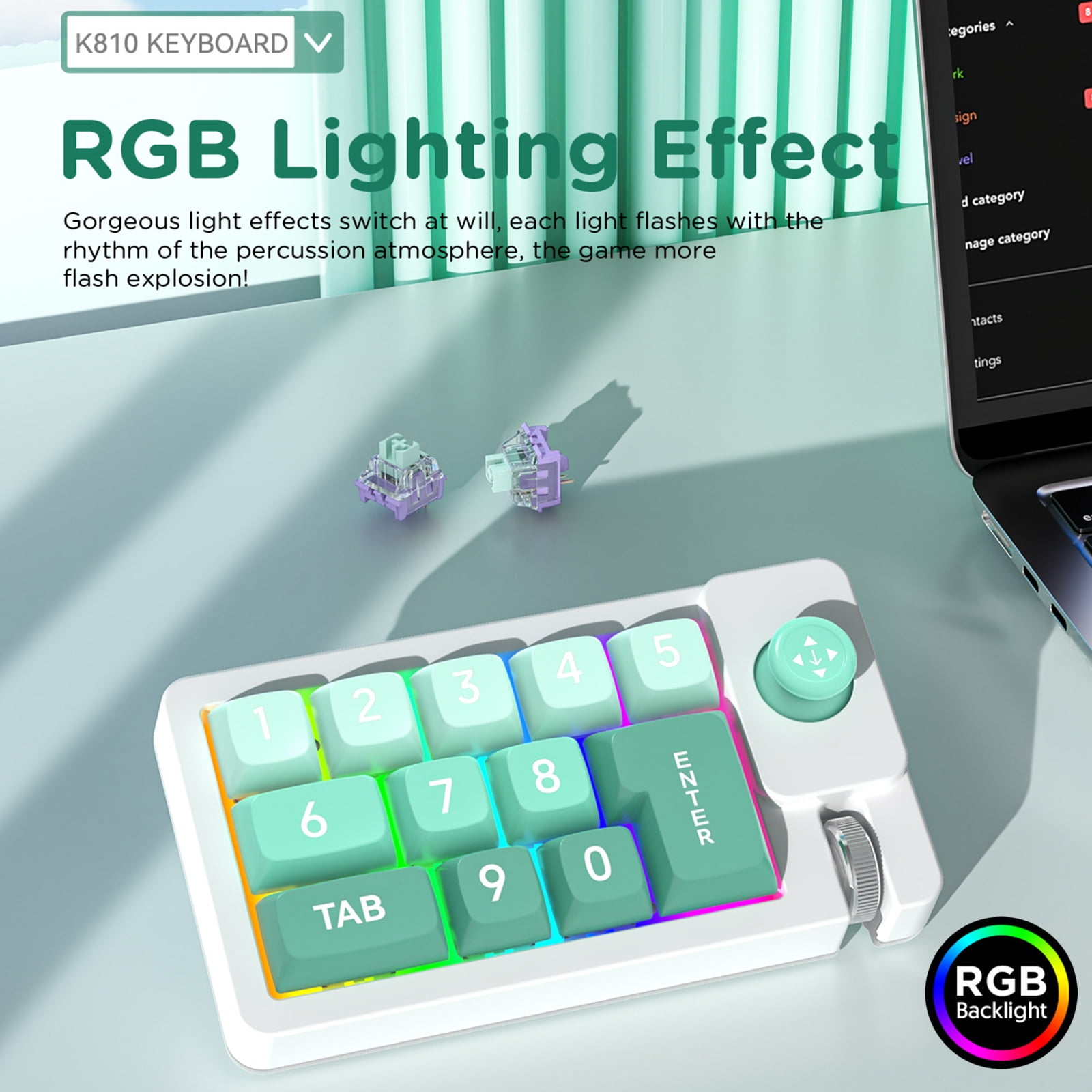 Ein weißes mechanisches Tastatur-Nummernfeld mit RGB-Beleuchtung und Mint-Tasten.
