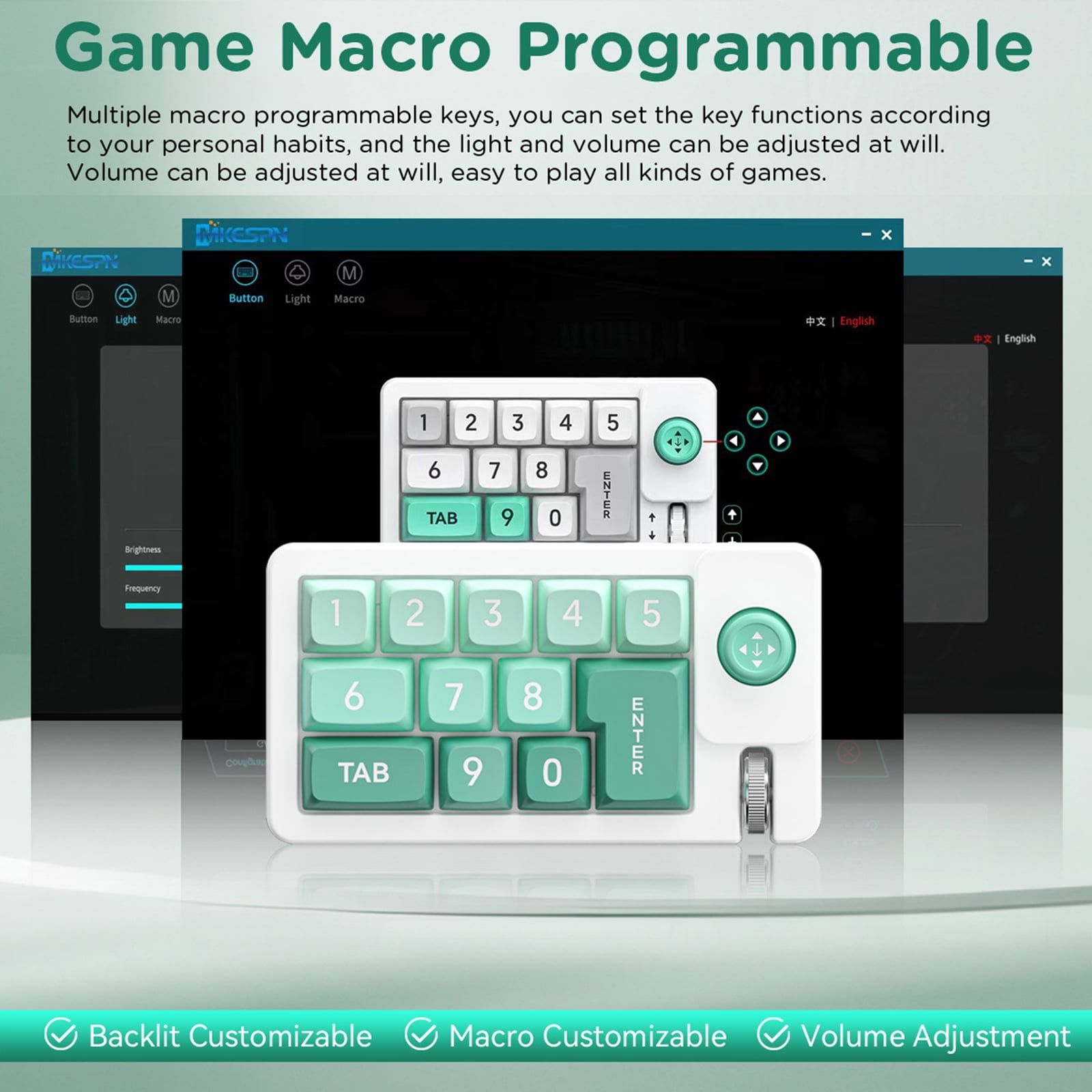 Ein programmierbares Gaming-Makro-Pad mit mintgrünen Tasten und einem Drehregler.