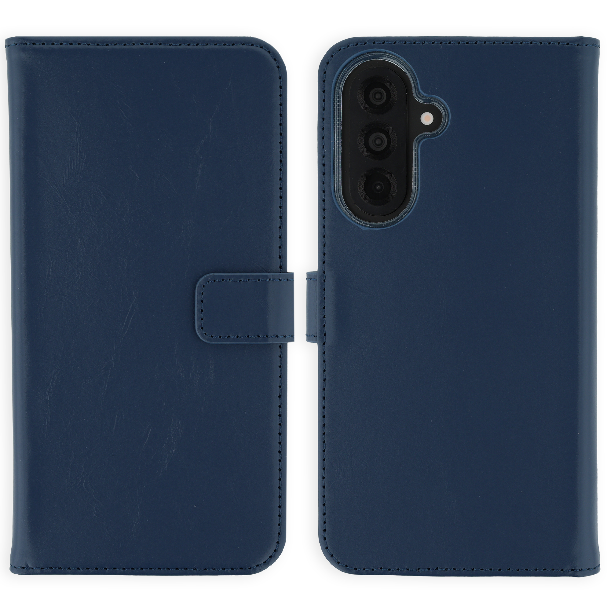 Donkerblauwe flip telefoonhoes met camera-uitsparing.
