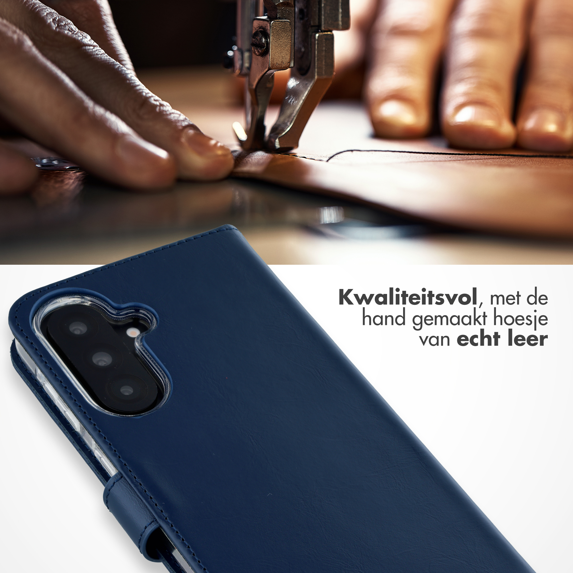 Handen naaien leer met machine. Blauwe telefoonhoes op voorgrond.