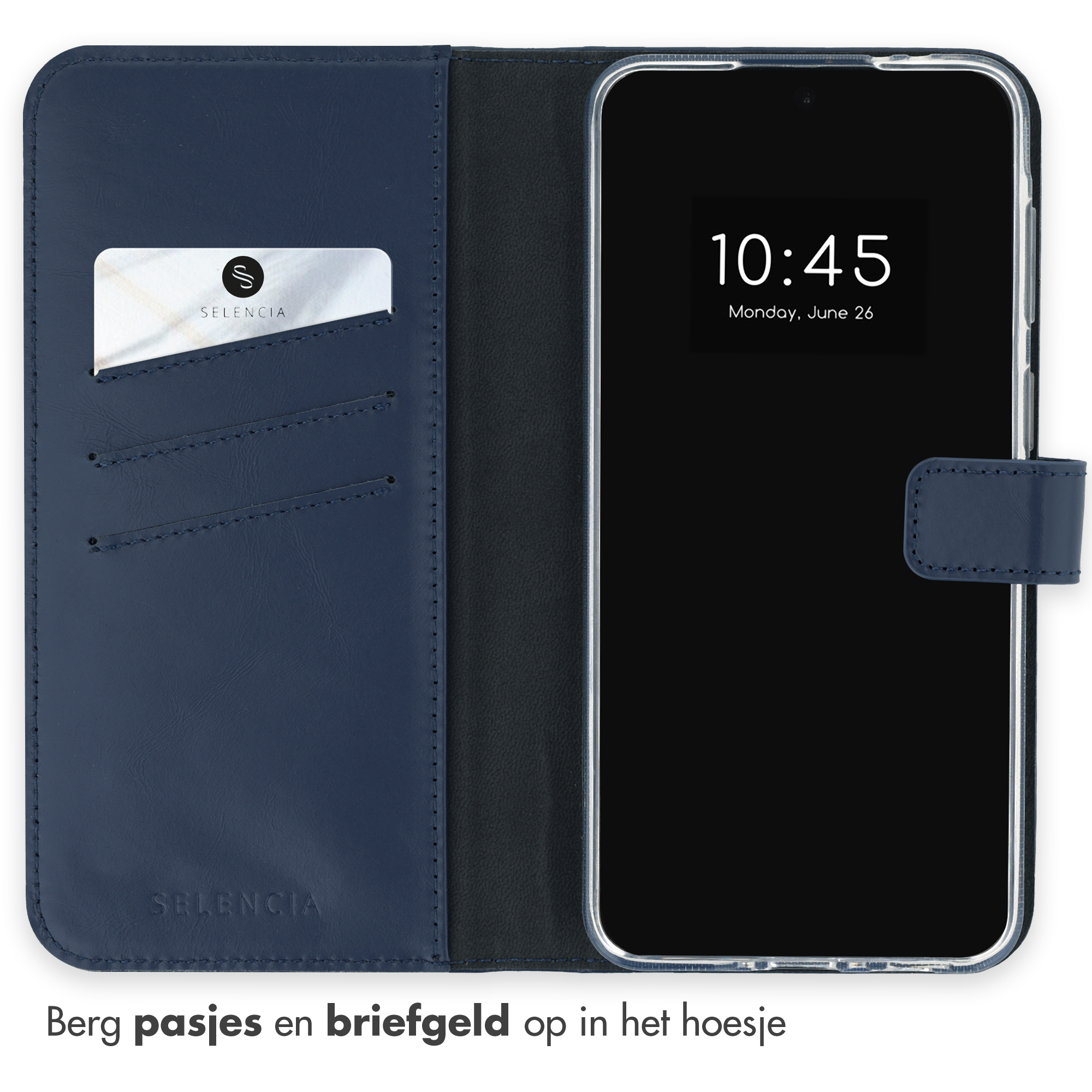Donkerblauw telefoonhoesje met kaarthouders en één kaart.
