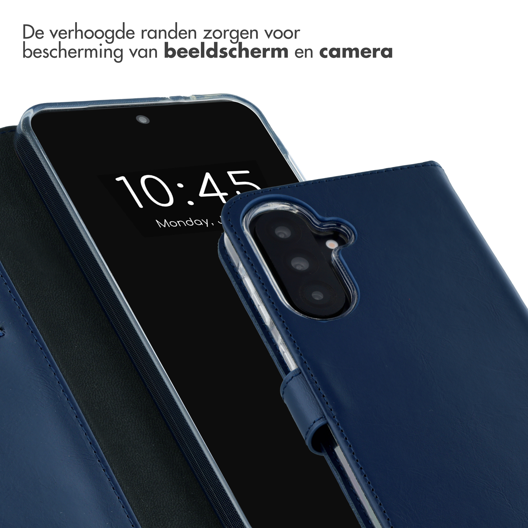 Donkerblauwe telefoonhoes toont scherm en camera. Tijd 10:45.