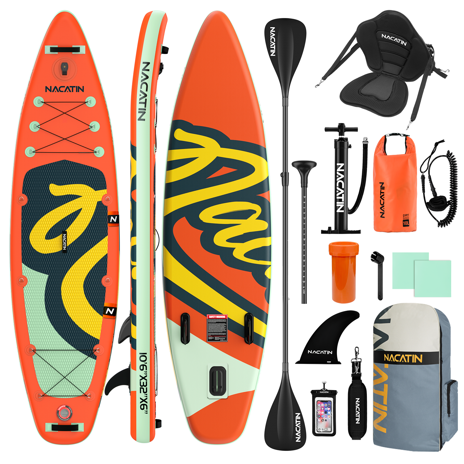 Aufblasbares SUP-Board mit Paddel, Pumpe, Sitz und Zubehör.