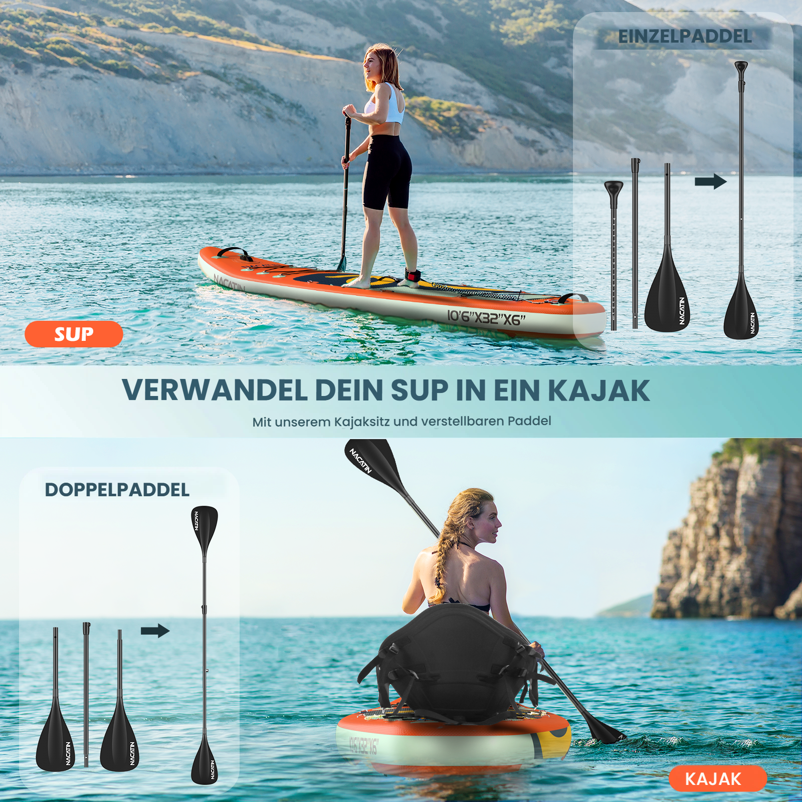 Frau auf SUP-Board mit Paddel. Einzel- und Doppelpaddel-Optionen.