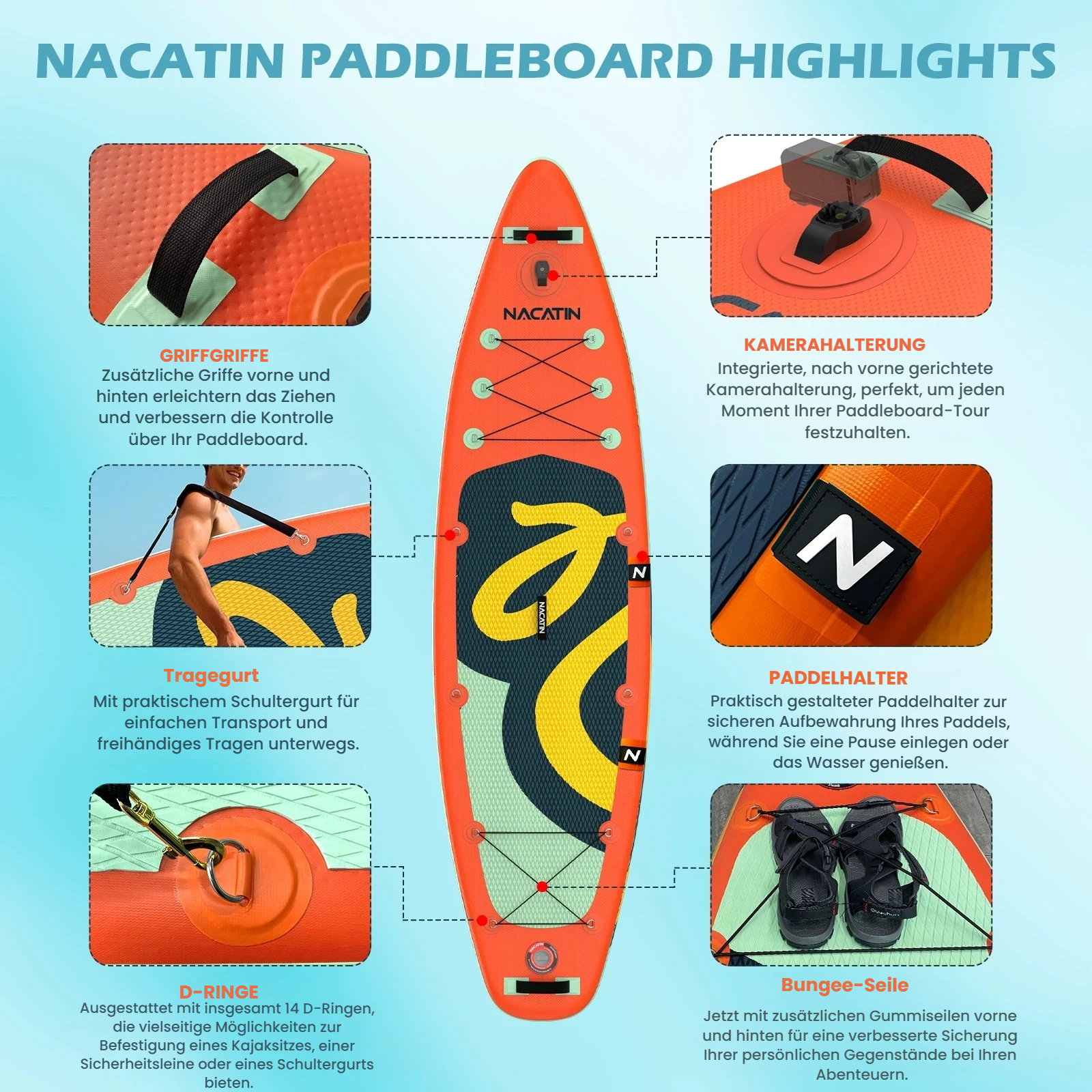 Orange Paddleboard mit Details: Griffe, Kamerahalterung, Tragegurt, Paddelhalter, D-Ringe, Bungee-Seile.