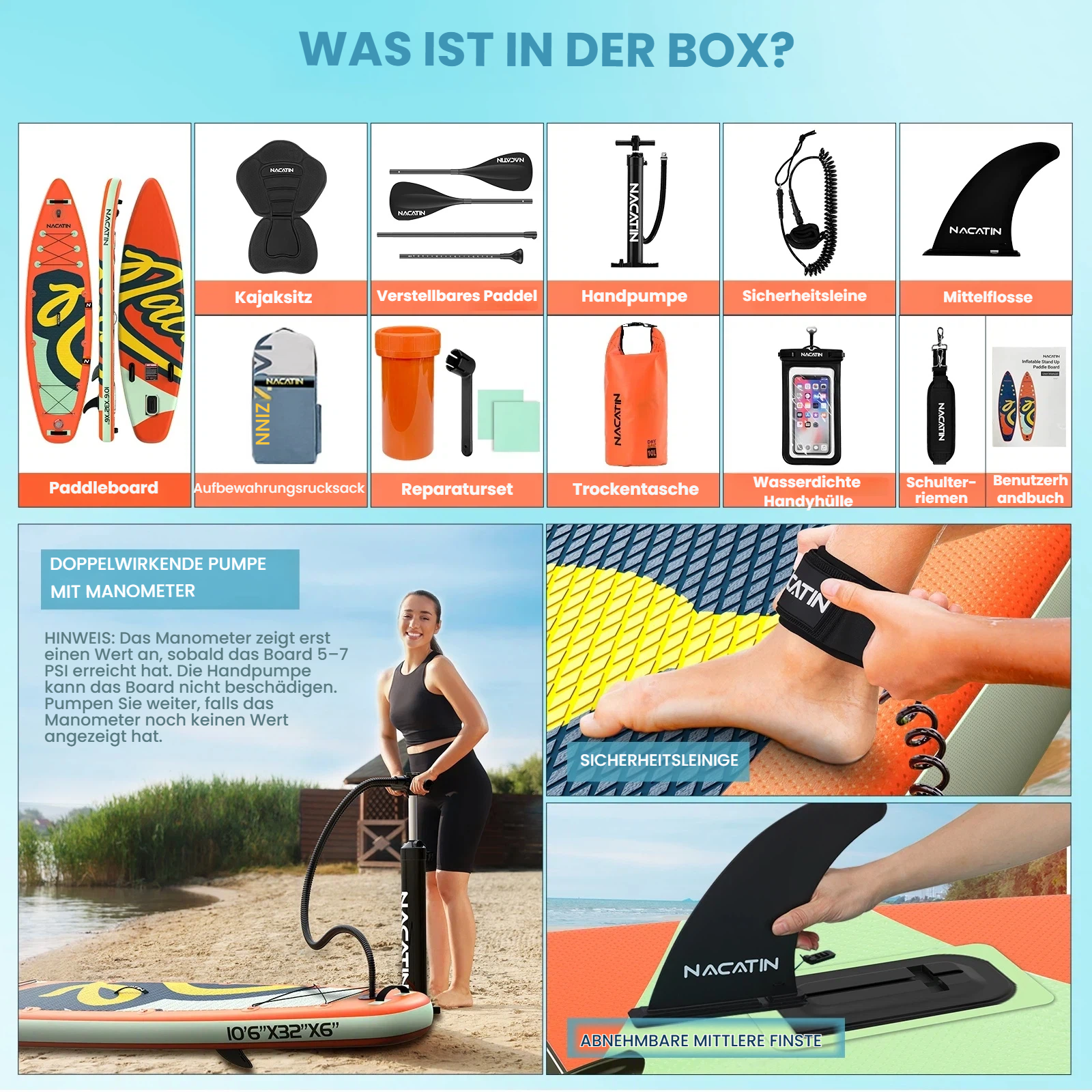 Übersicht über Zubehör für ein Stand-Up-Paddle-Board, inkl. Pumpe, Paddel, Leine und mehr.