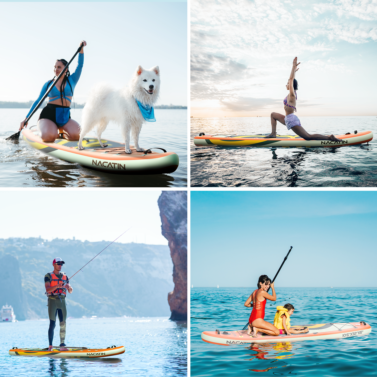Eine Frau mit Hund auf einem SUP-Board, eine Frau macht Yoga auf einem SUP, ein Mann angelt auf einem SUP, eine Frau mit Kind auf einem SUP.